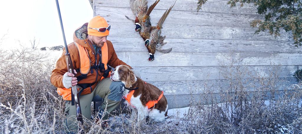 A bird hunter and his bird dog next to a shack.