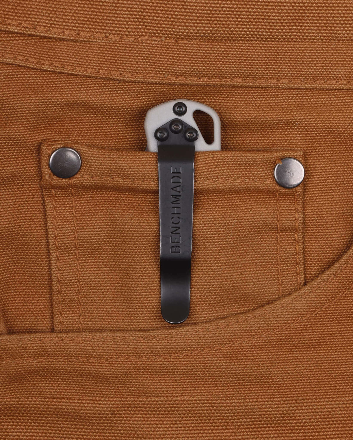 Black Oxide Pocket Clip on Tan Canvas Sheath - Back View | Benchmade Knife Co.