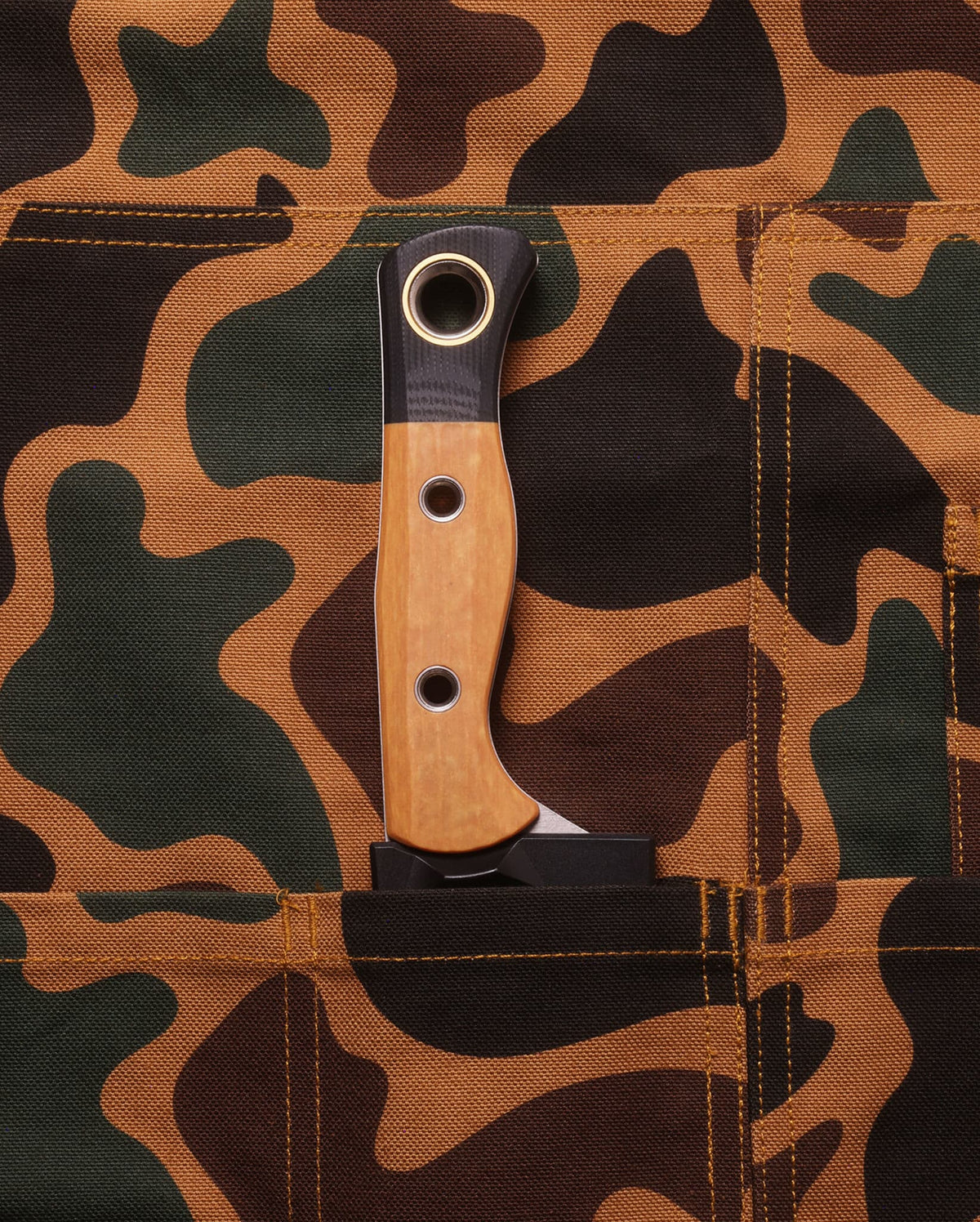 Duck Camo Canvas Knife Roll Apron - Wood-Handle Knife Seated in Blade Pocket Detail | Benchmade Knife Co.