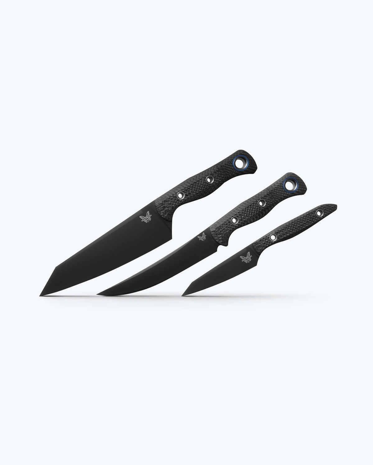 Black Tactical Style Custom 3 Piece Knife Set - Angled Display | Benchmade Knife Co.
