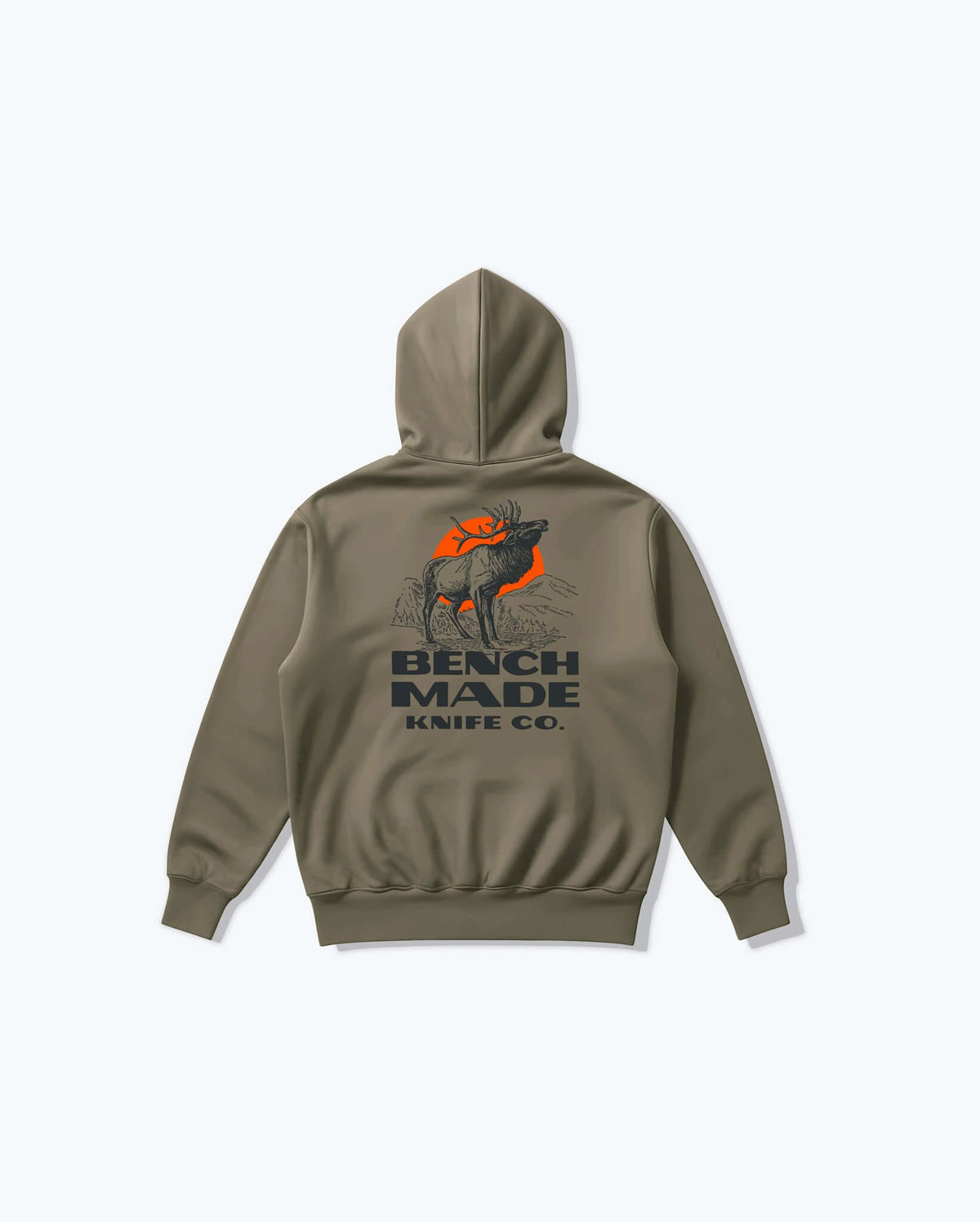 Olive Antler Pullover Hoodie - Back view showing elk hunting graphic | Benchmade Knife Co.