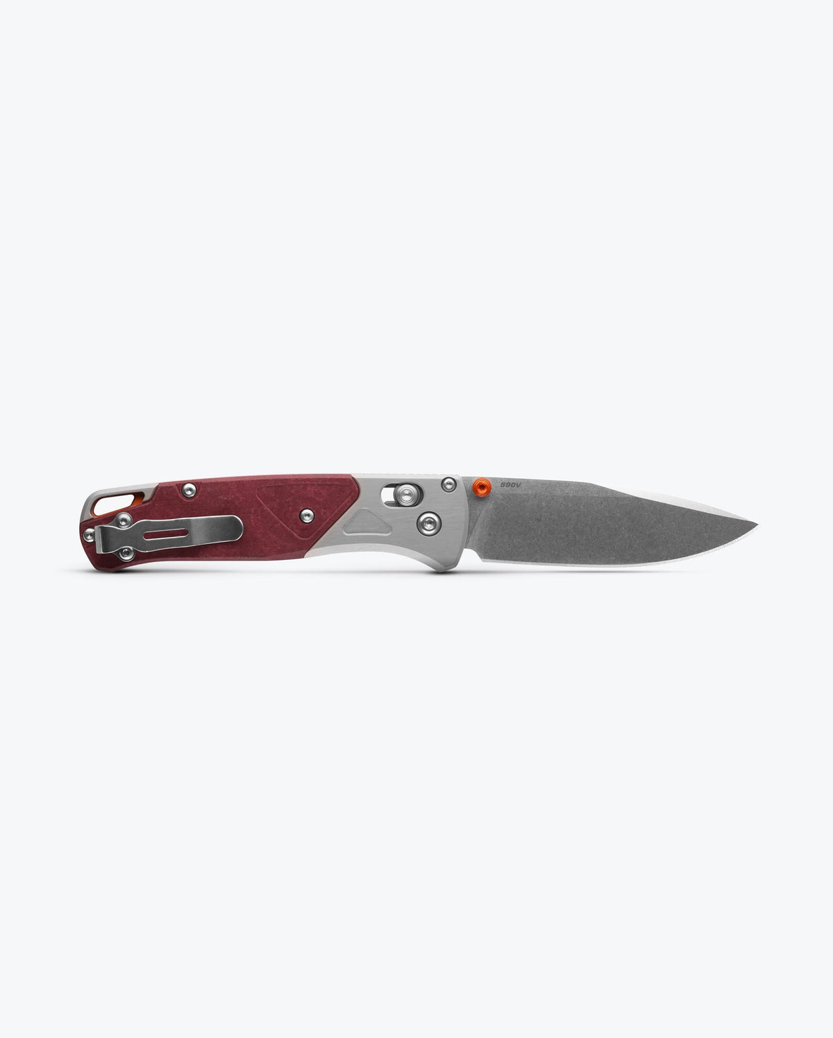 Bugout® Grey/Redstone Aluminum & Richlite - Open Back View with AXIS Lock | Benchmade Knife Co.