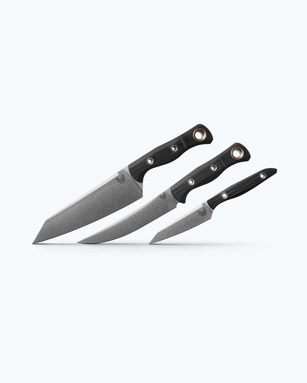 Dark Wood Custom 3 Piece Kitchen Knife Set - Side Angle Display | Benchmade Knife Co.