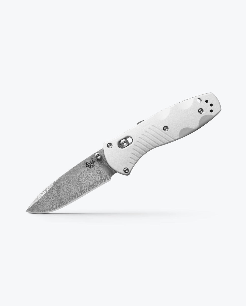 Custom Mini Barrage® Damascus Steel Folding Knife - Angled Open View | Benchmade Knife Co.