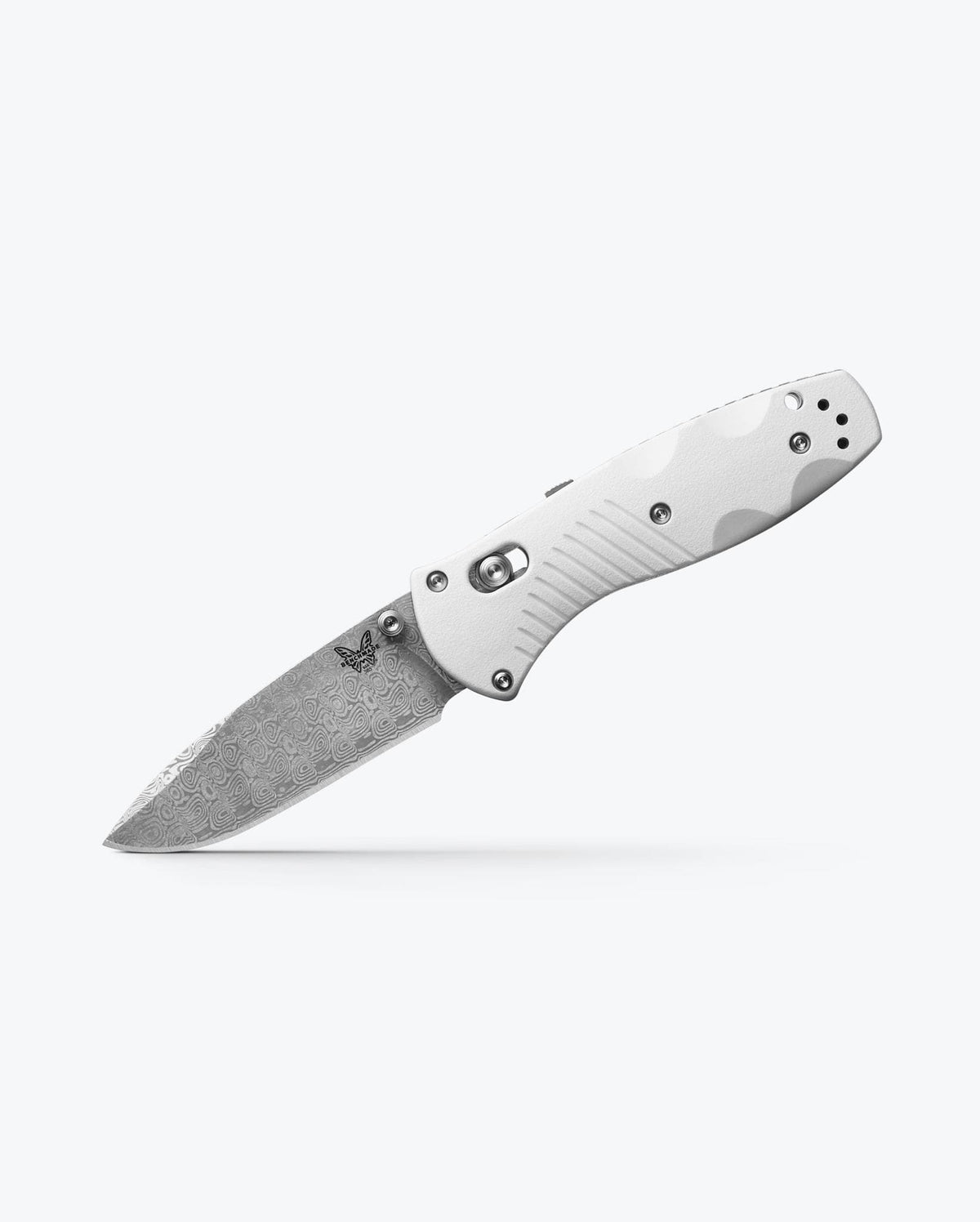 Custom Mini Barrage® Damascus Steel Folding Knife - Angled Open View | Benchmade Knife Co.