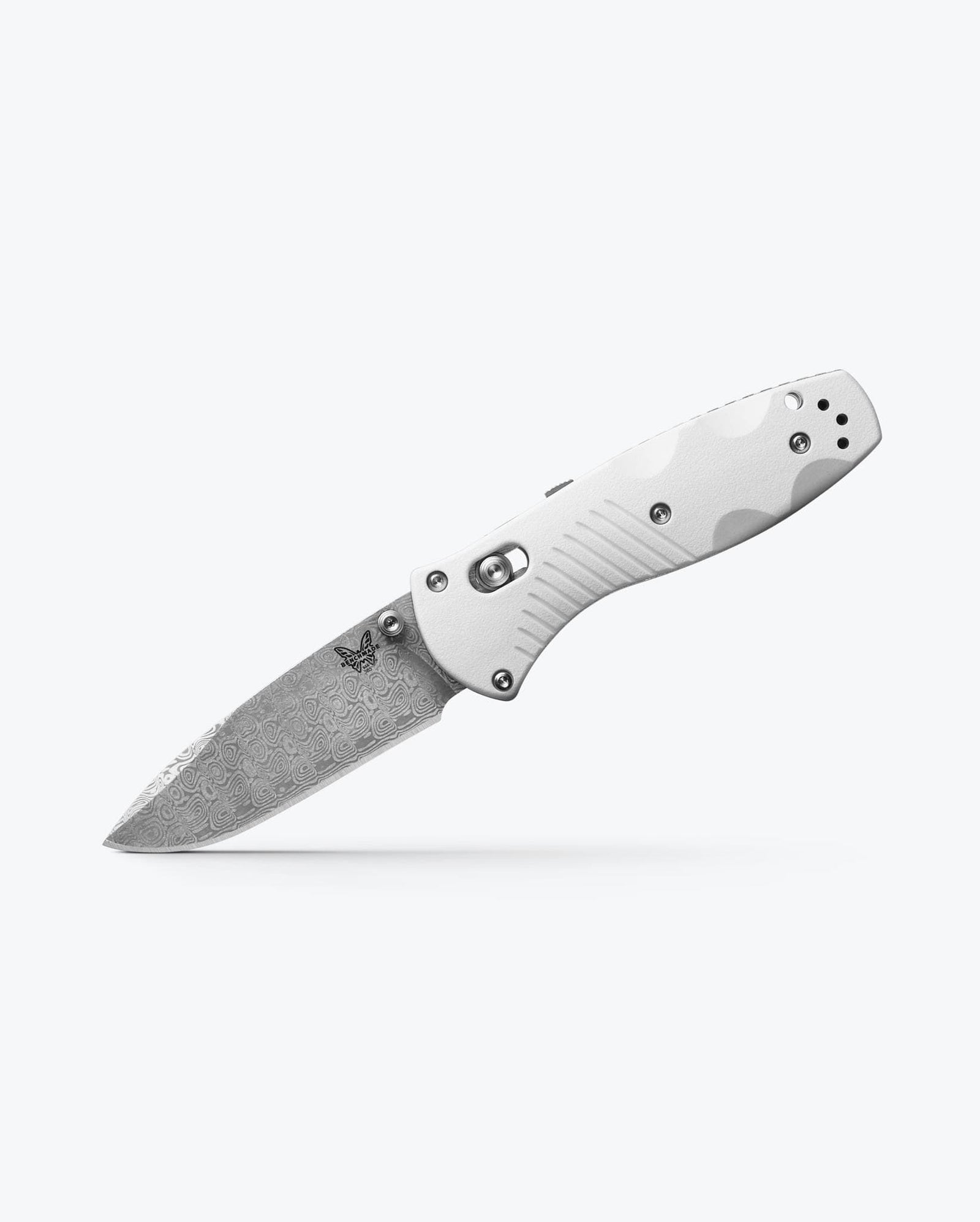 Custom Mini Barrage® Damascus Steel Folding Knife - Angled Open View | Benchmade Knife Co.