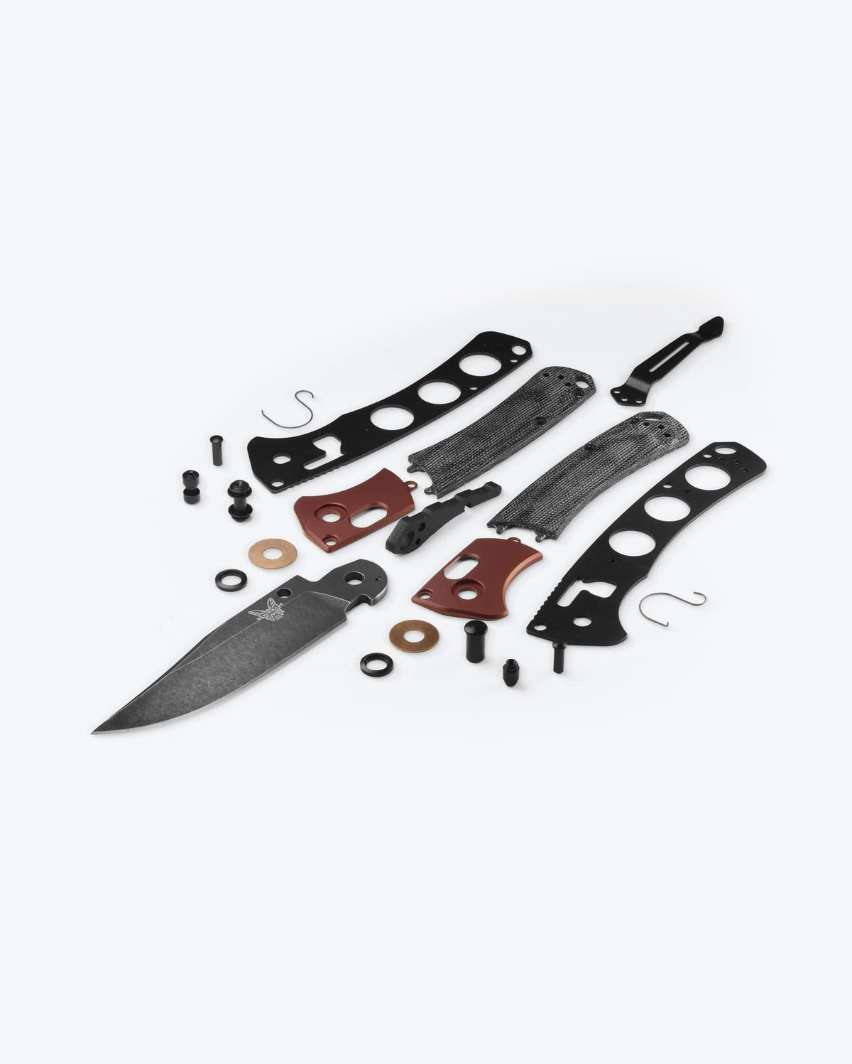 Mini Crooked River Exploded Parts View - Burnt Copper Black Micarta Components | Benchmade Knife Co.