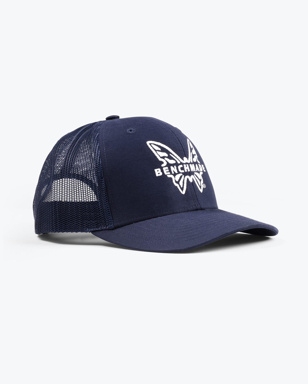 Navy Benchmade Trucker Hat - Side Angle with Snapback Closure Detail | Benchmade Knife Co.