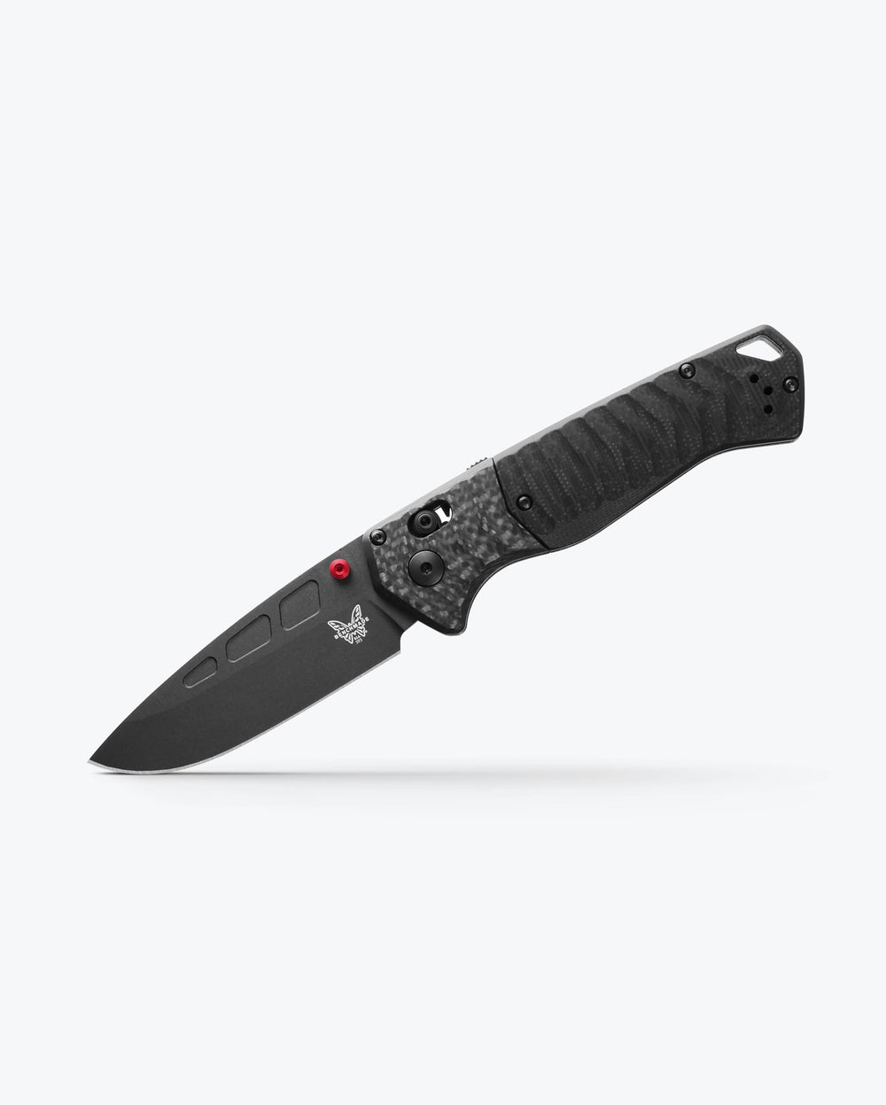 PSK® Carbon Fiber & Black G10 Folding Knife - Angled Tip Down View | Benchmade Knife Co.