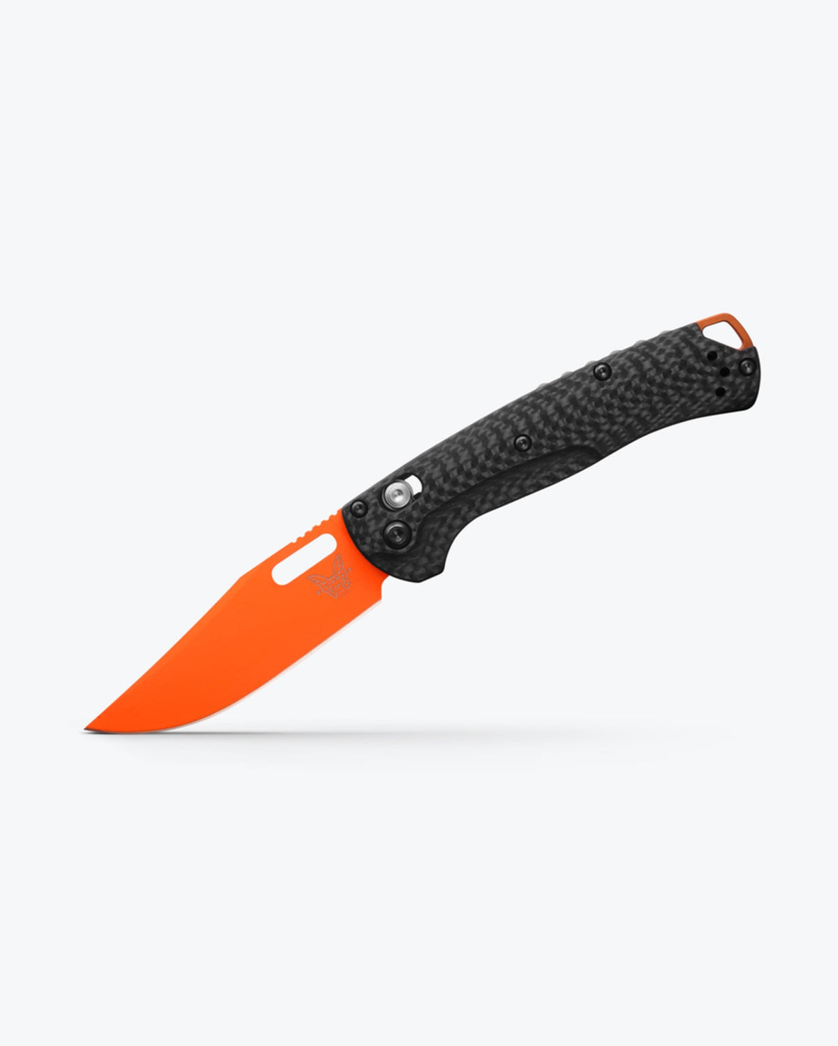 Mini Taggedout® Carbon Fiber Orange Blade Open - Angled View | Benchmade Knife Co.