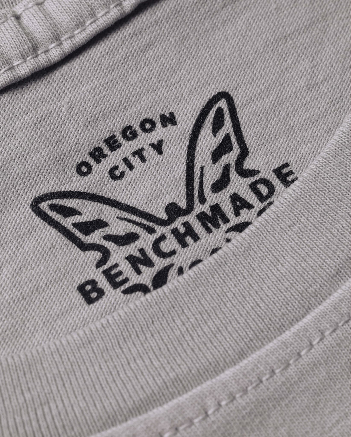 Gray Cotton Tee - Interior Neck Label Detail Oregon City Benchmade Butterfly Logo | Benchmade Knife Co.