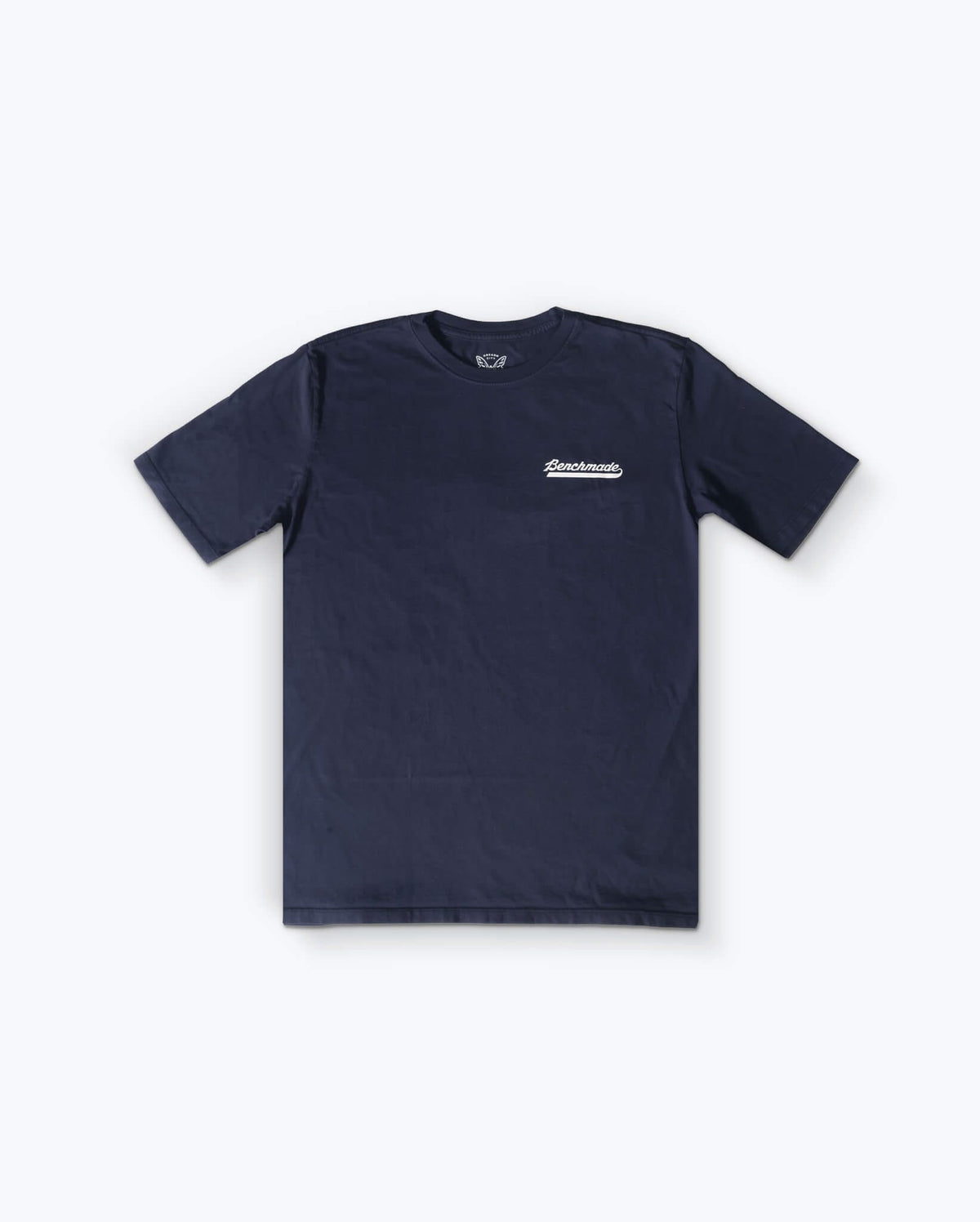 Navy BKC Classic Script Tee - Angled Front View | Benchmade Knife Co.