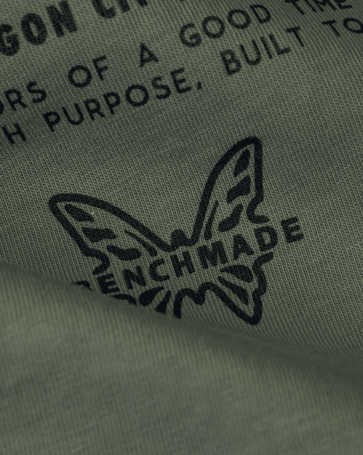 BKC Basic Tee - Close-up Butterfly Logo and Slogan Print Detail | Benchmade Knife Co.