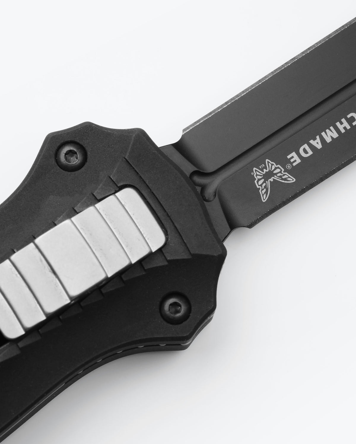 Mini Infidel® Black Aluminum Knife - OTF Mechanism Close-Up Detail | Benchmade Knife Co.