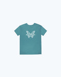 Depth Blue Butterfly Tech Tee - Back Flat Lay, Clean Teal Polyester Fabric | Benchmade Knife Co.