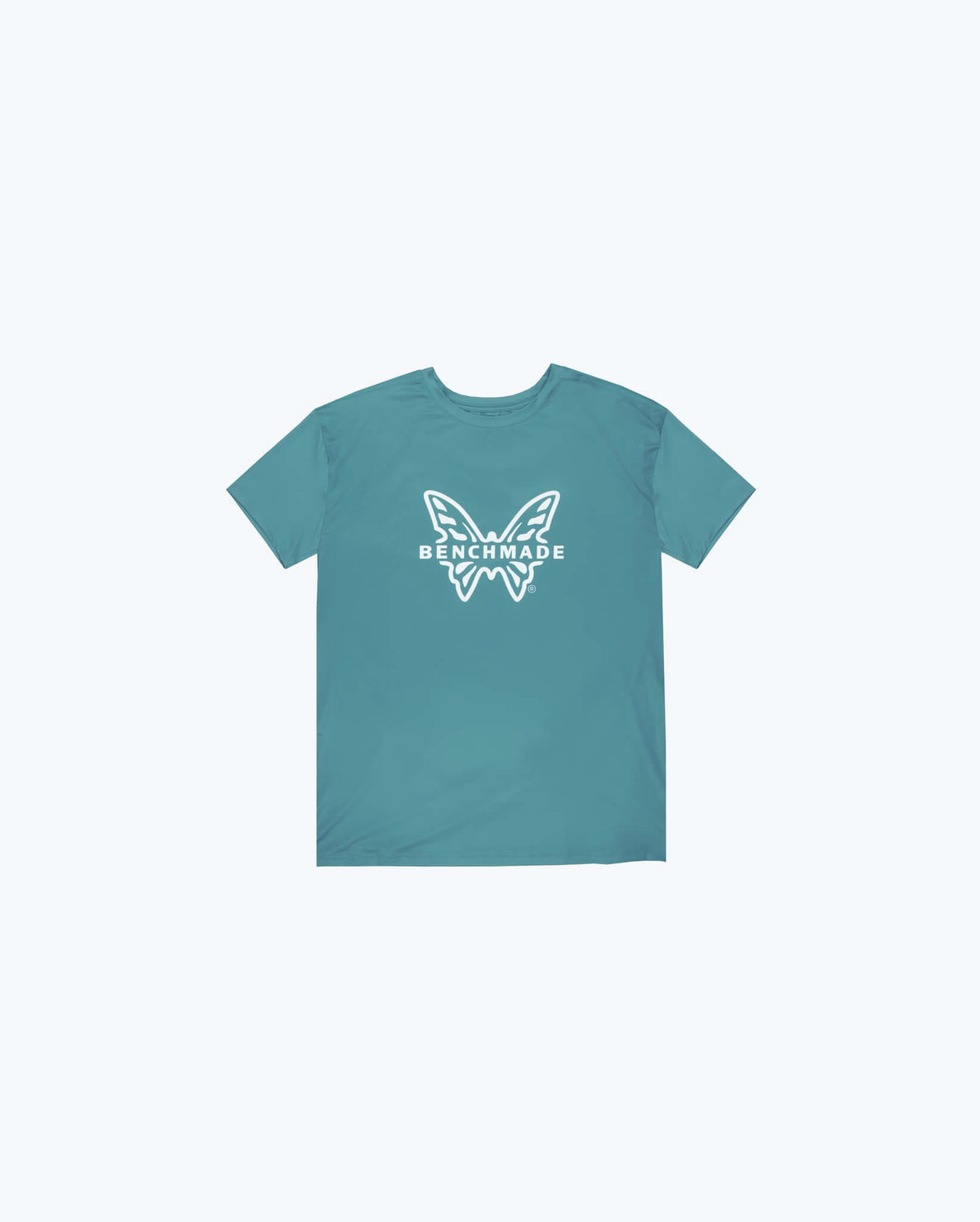 Depth Blue Butterfly Tech Tee - Back Flat Lay, Clean Teal Polyester Fabric | Benchmade Knife Co.