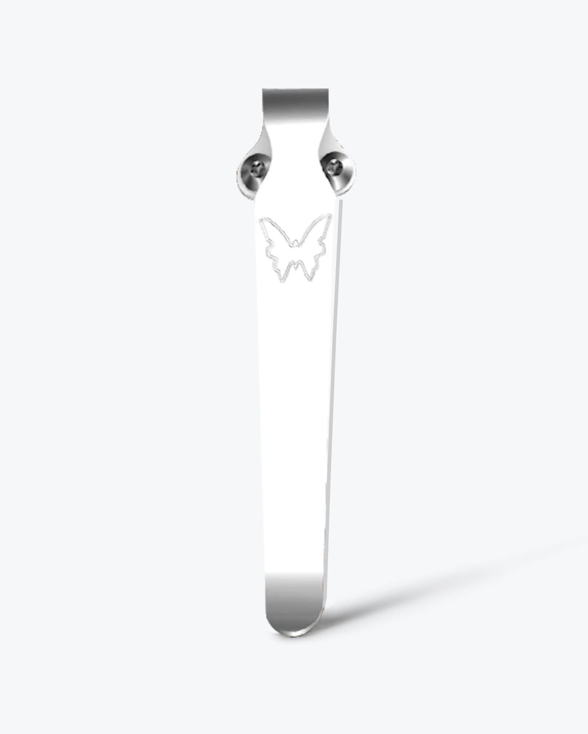 Silver Deep Carry Pocket Clip with Butterfly Logo - Front View | Benchmade Knife Co.