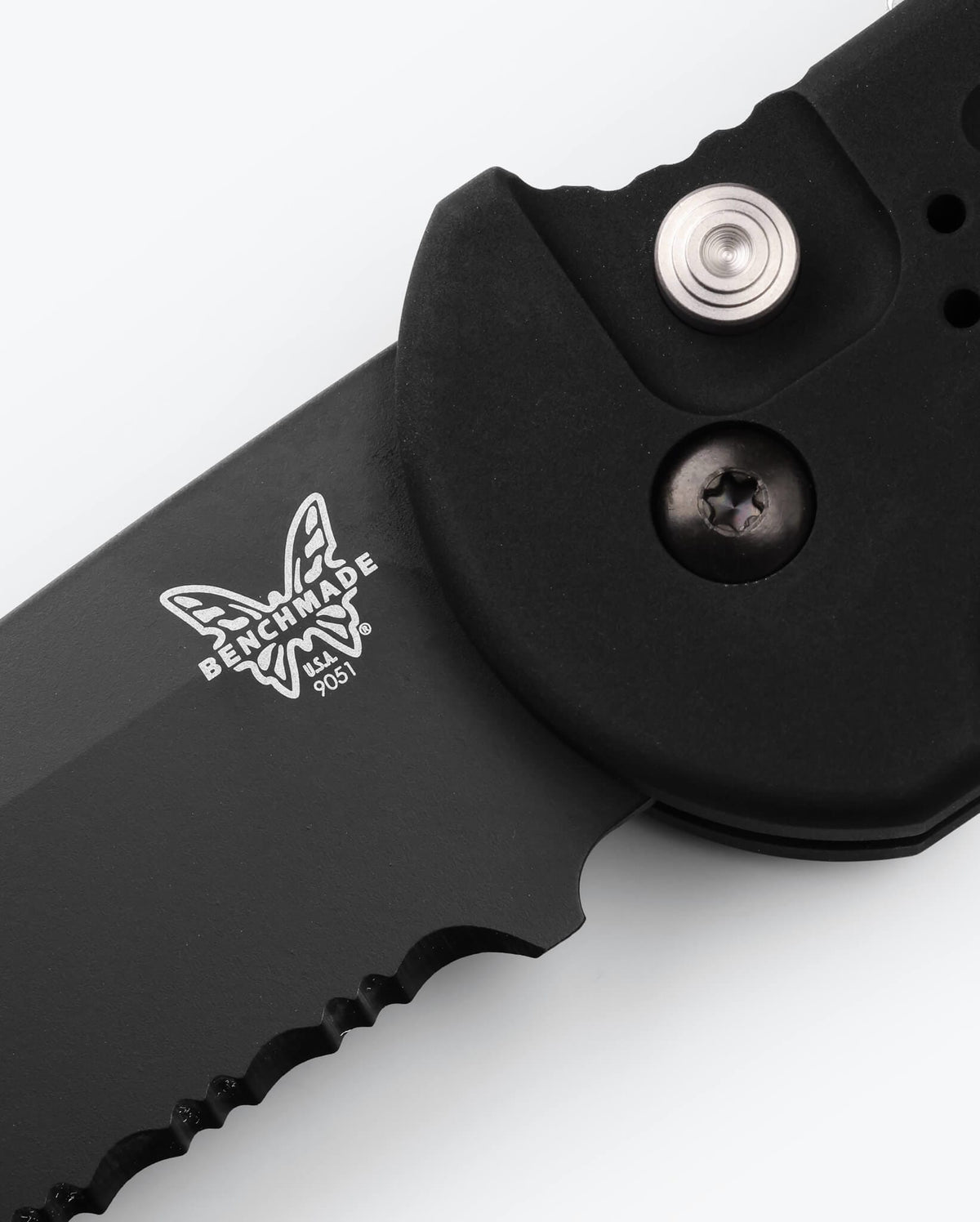 AFO II Black Aluminum Push-Button Detail - Close-Up View | Benchmade Knife Co.