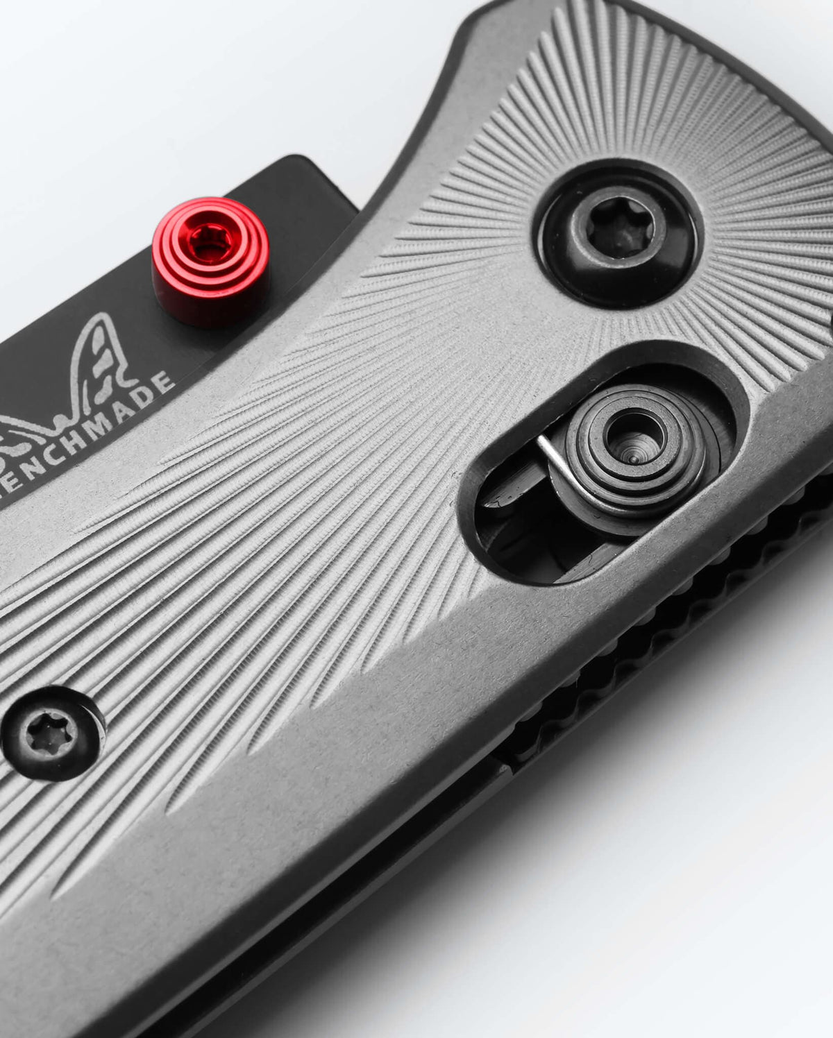 Bugout® Gray Aluminum handle close-up sunburst milling detail - Benchmade Knife Co.
