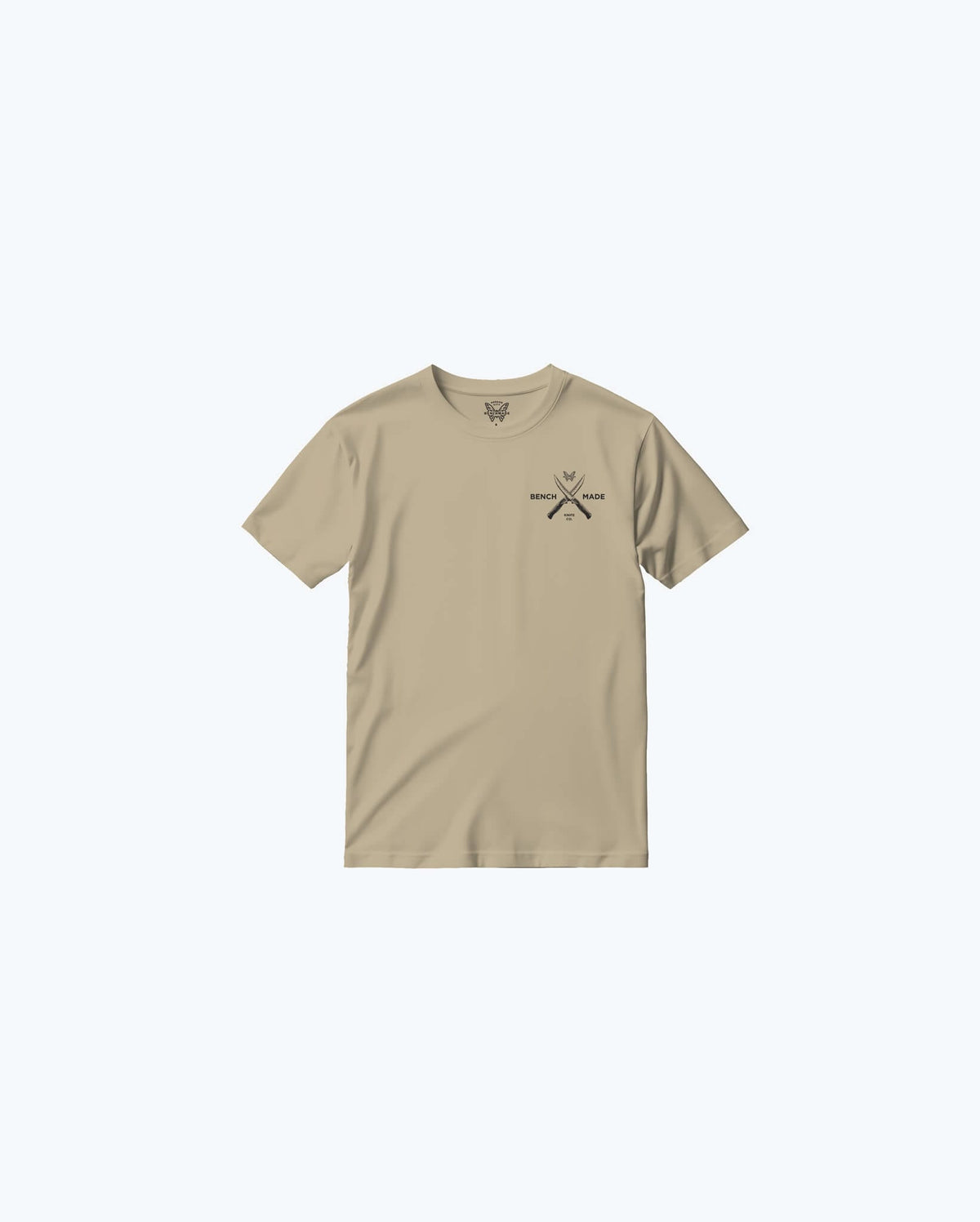 Khaki Meatcrafter SS Mens Tee - Front Flat Lay with Crossed Knives Logo | Benchmade Knife Co.