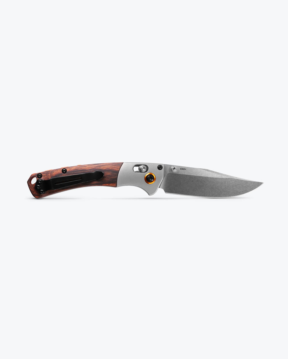 Mini Crooked River Gray Aluminum & Wood Clip-Point Tactical Knife - Back Open View | Benchmade Knife Co.