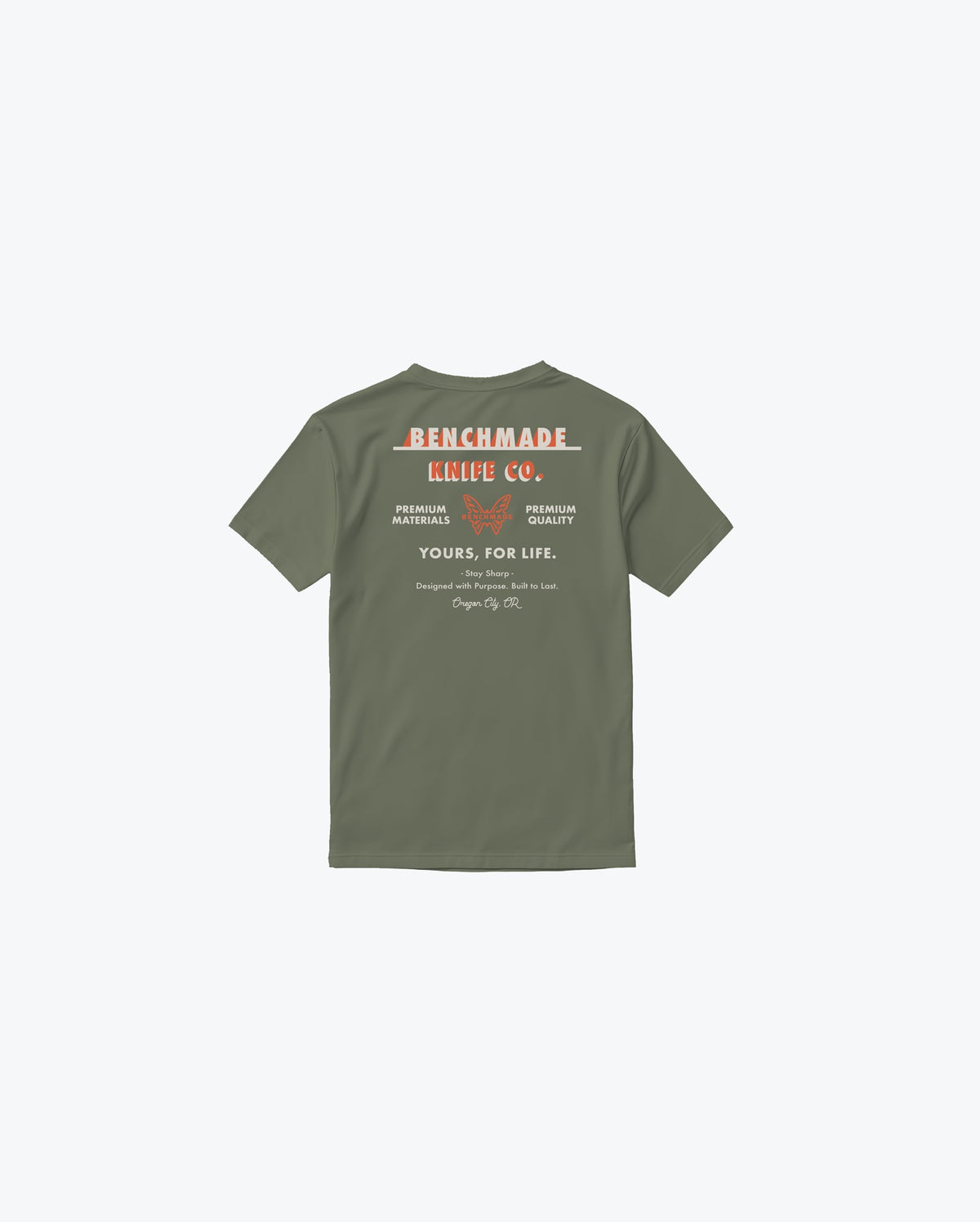 Olive Green Benchmade Knife Co Tee - Back View with Vintage Graphic | Benchmade Knife Co.