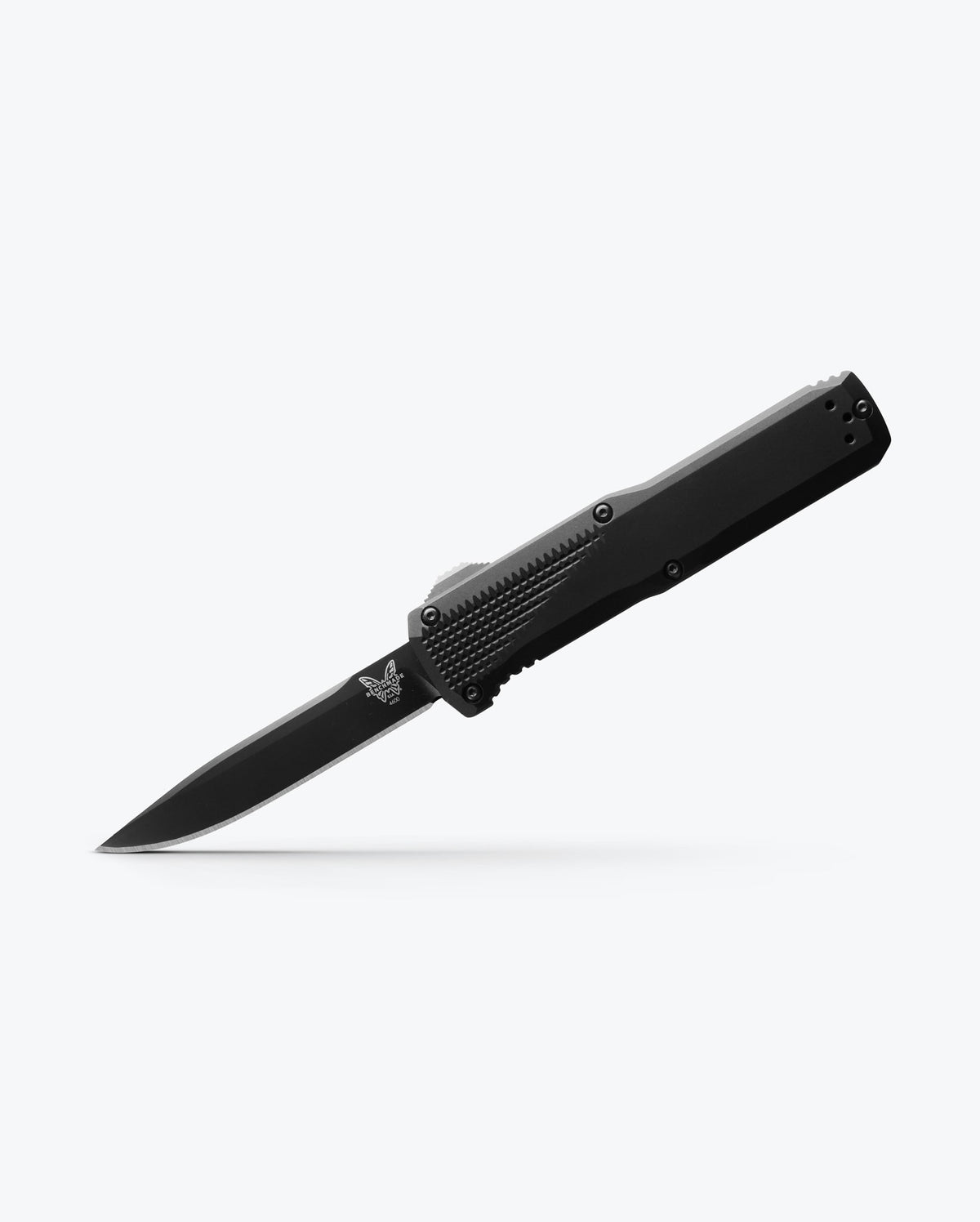 Phaeton® Black Aluminum automatic knife angled open, tip down | Benchmade Knife Co.