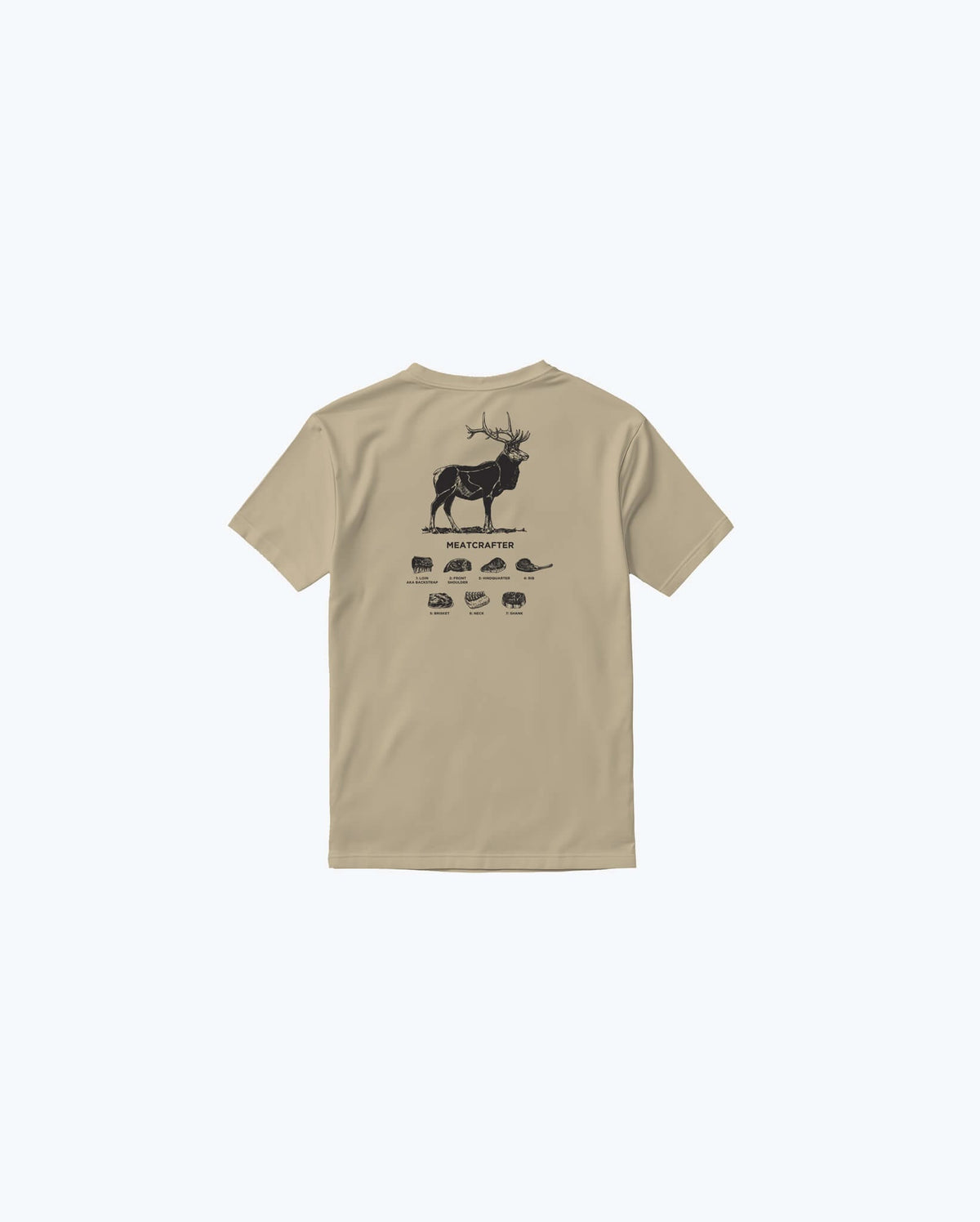 Khaki Meatcrafter SS Mens Tee - Back View with Elk Butcher Chart | Benchmade Knife Co.