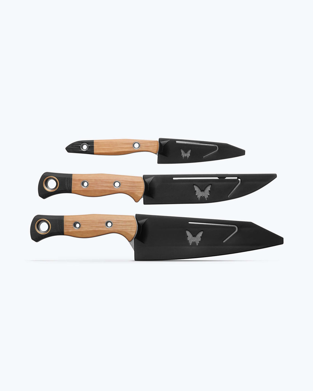 3 Piece Set Maple Valley Richlite - Back View with Protective Sheaths | Benchmade Knife Co.