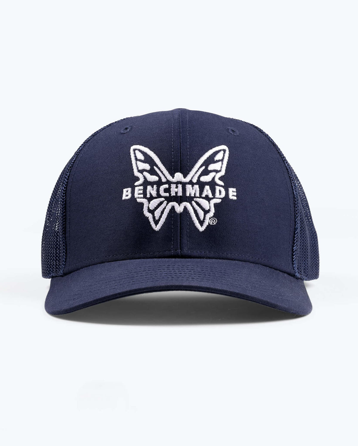Navy Benchmade Trucker Hat - Straight Front View with Embroidered Logo | Benchmade Knife Co.