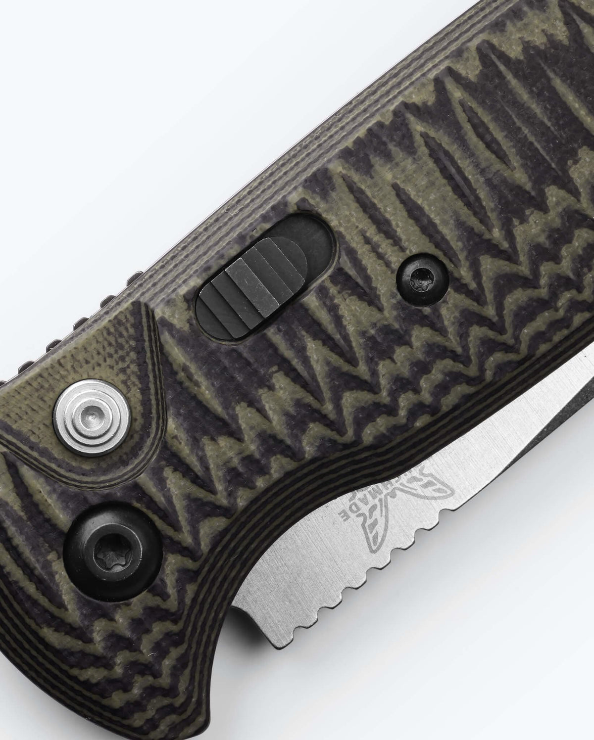 CLA Green & Black G10 knife close-up detail view of actuation button - Benchmade Knife Co.