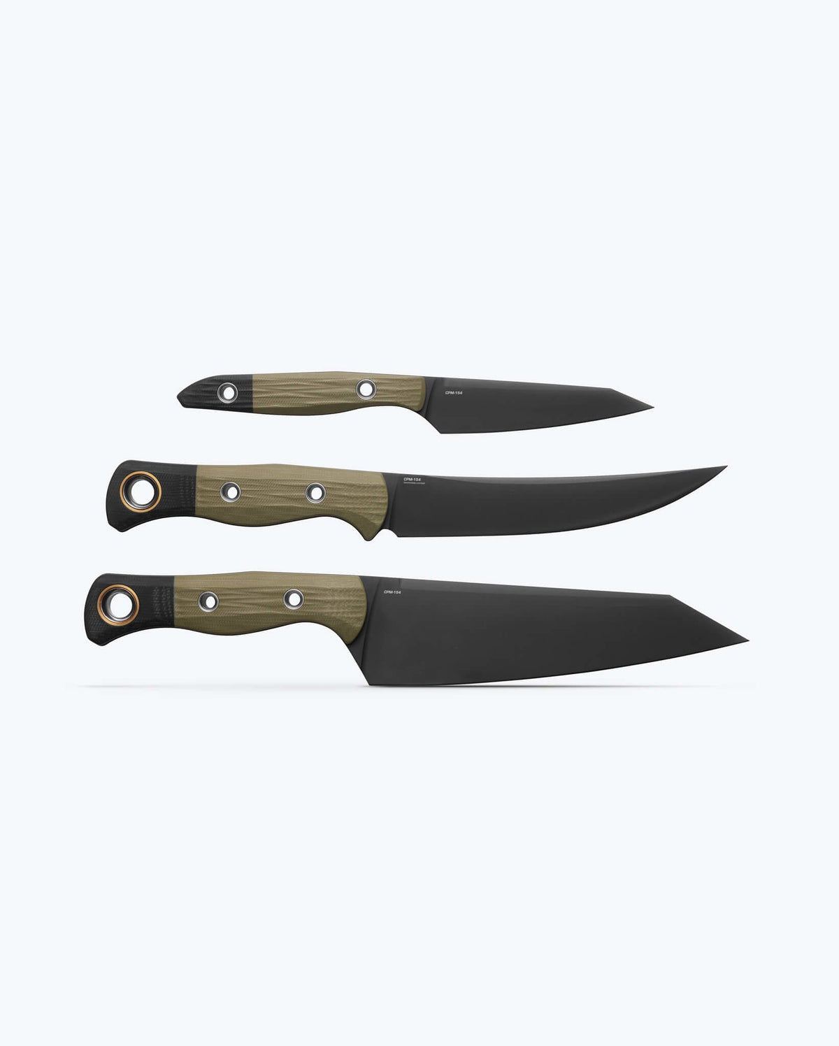 3 Piece Set OD Green G10 Kitchen Knives - Unsheathed Front View | Benchmade Knife Co.
