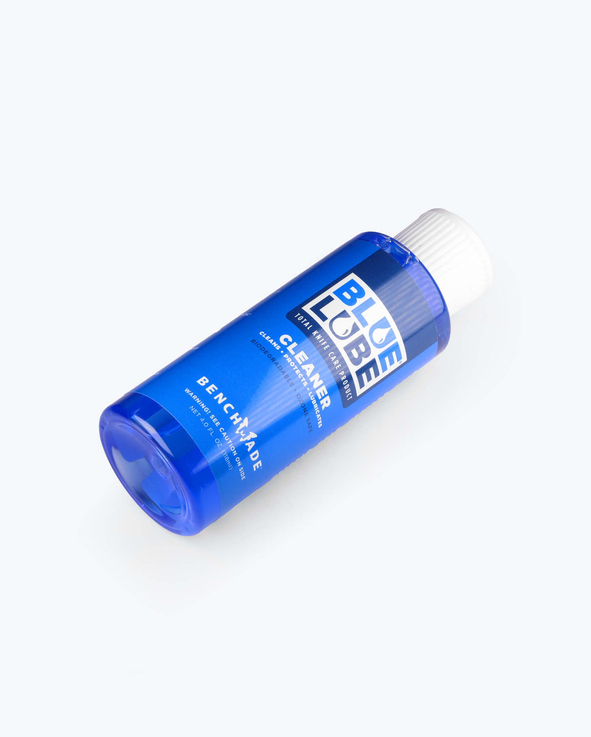 Benchmade BlueLube® Cleaner - Blue Bottle Side Angle View | Benchmade Knife Co.