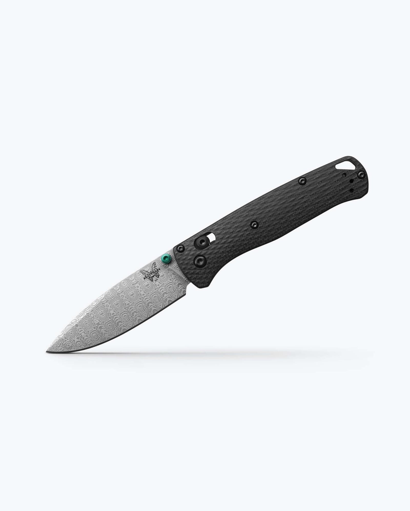 Damascus Steel Custom BUGOUT® knife angled tip down - Carbon Fiber | Benchmade Knife Co.