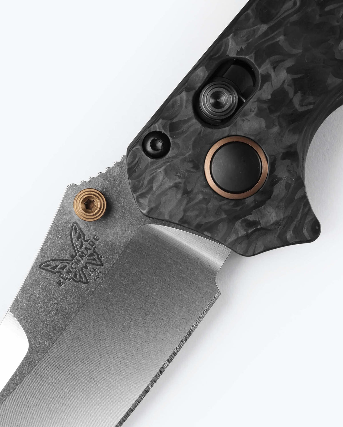 Benchmade Mini Bedlam Carbon Fiber Scimitar - Close-up Handle Detail | Benchmade Knife Co.