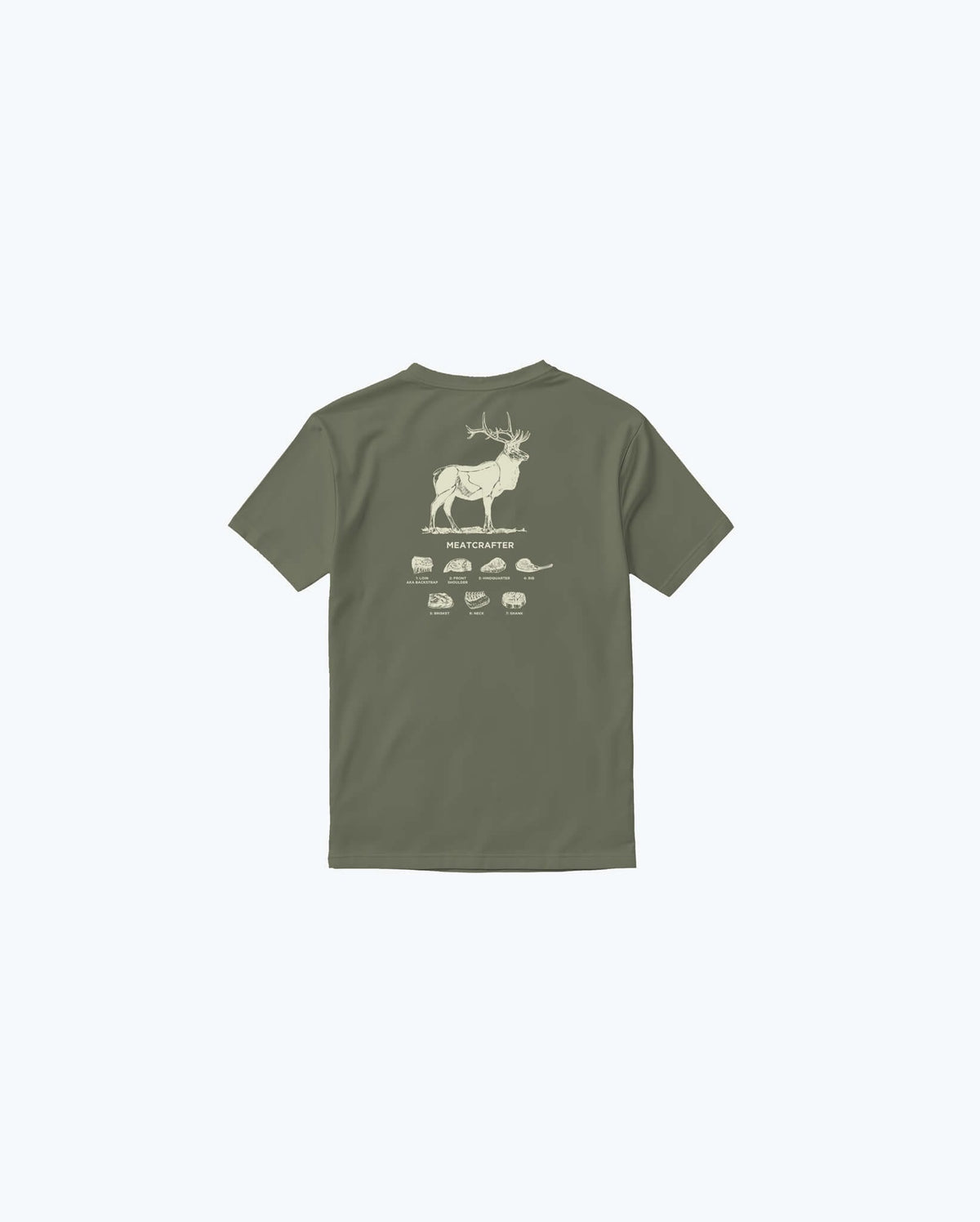 Olive Green Meatcrafter SS Mens Tee - Back View with Elk Butcher Chart Diagram | Benchmade Knife Co.