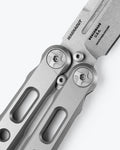 Benchmade Laro™ Gray Titanium Balisong - Close-up Handle Detail | Benchmade Knife Co.