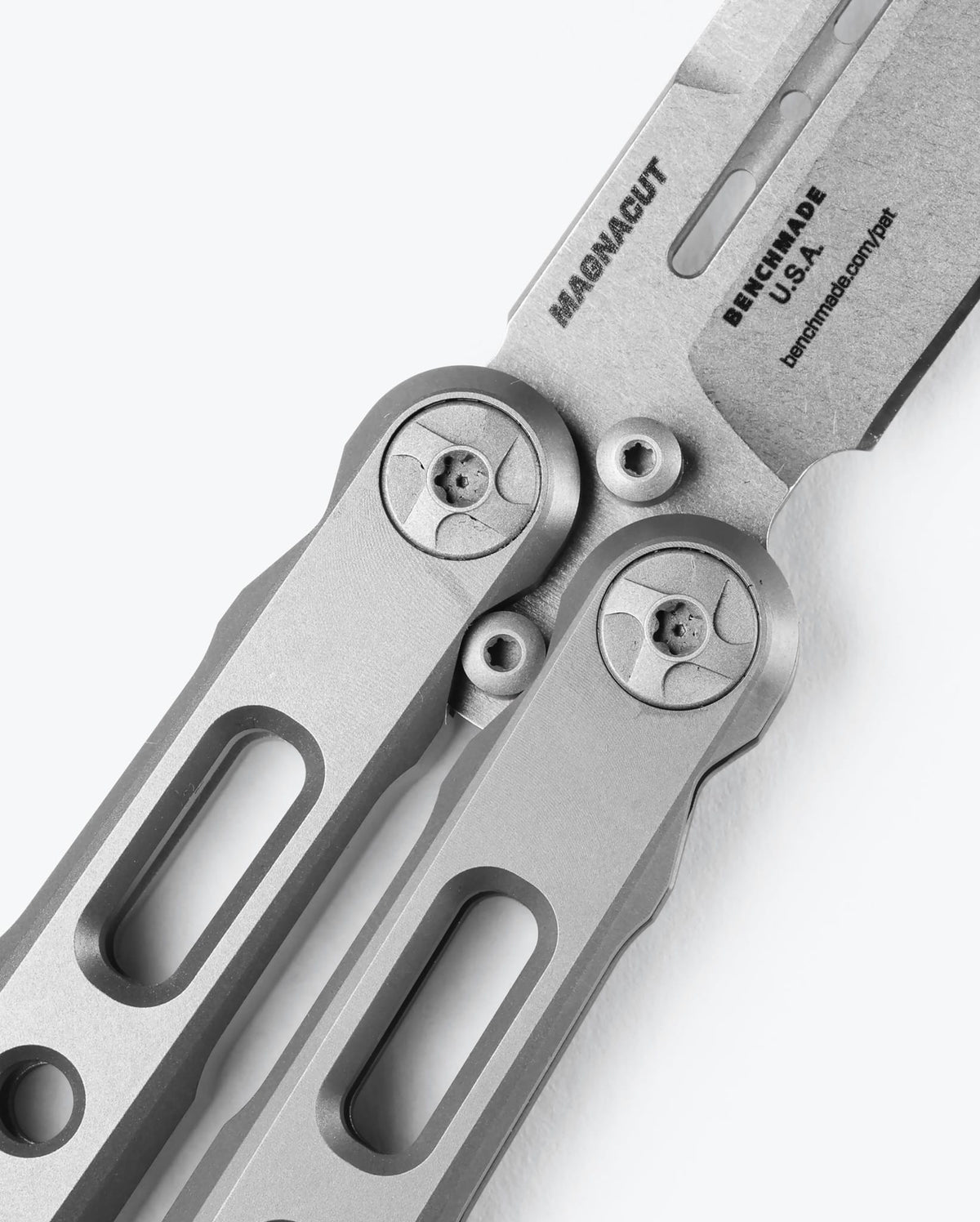 Benchmade Laro™ Gray Titanium Balisong - Close-up Handle Detail | Benchmade Knife Co.