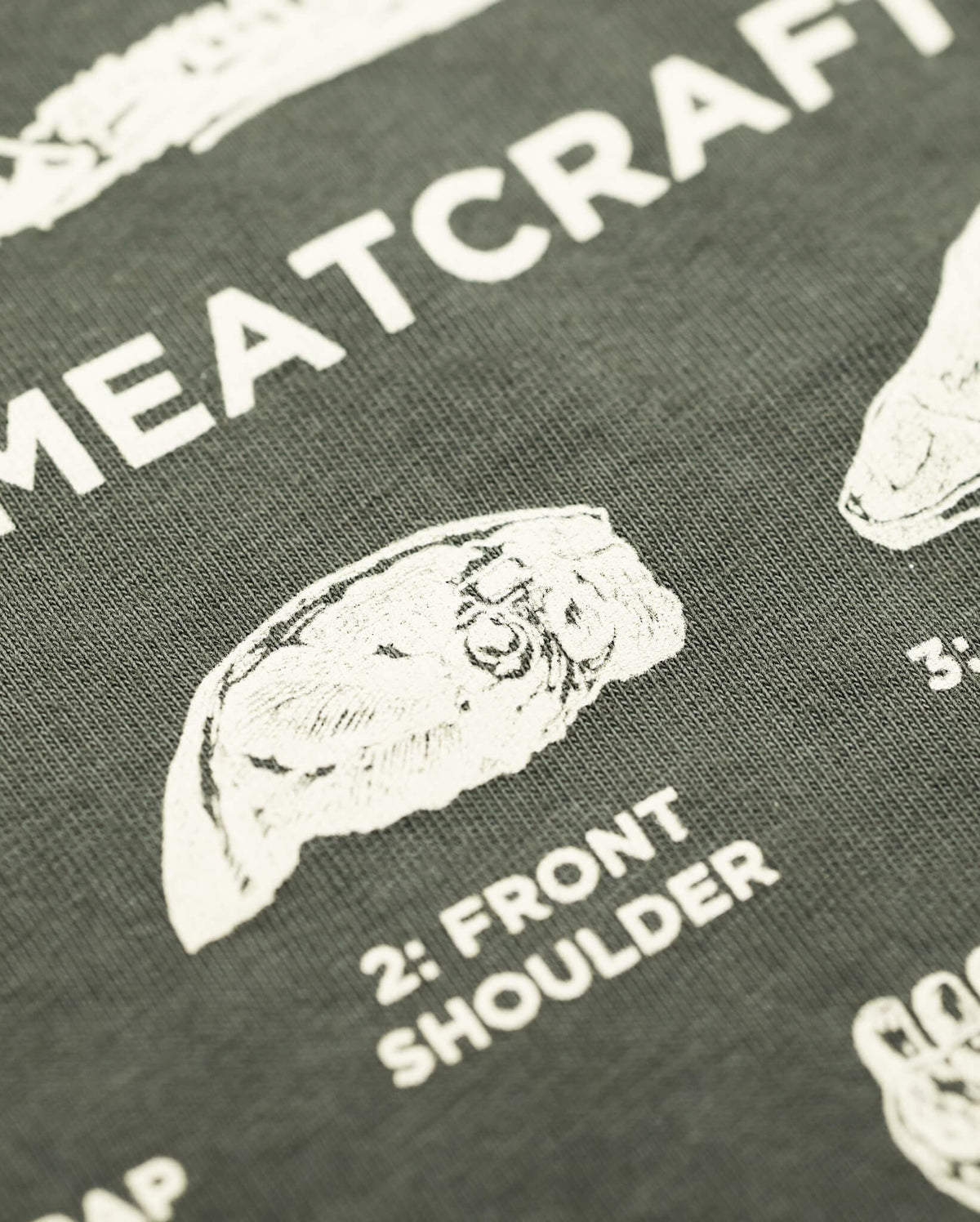 Olive Green Meatcrafter Tee - Close-Up Detail of Elk Shoulder Cut Butcher Diagram | Benchmade Knife Co.