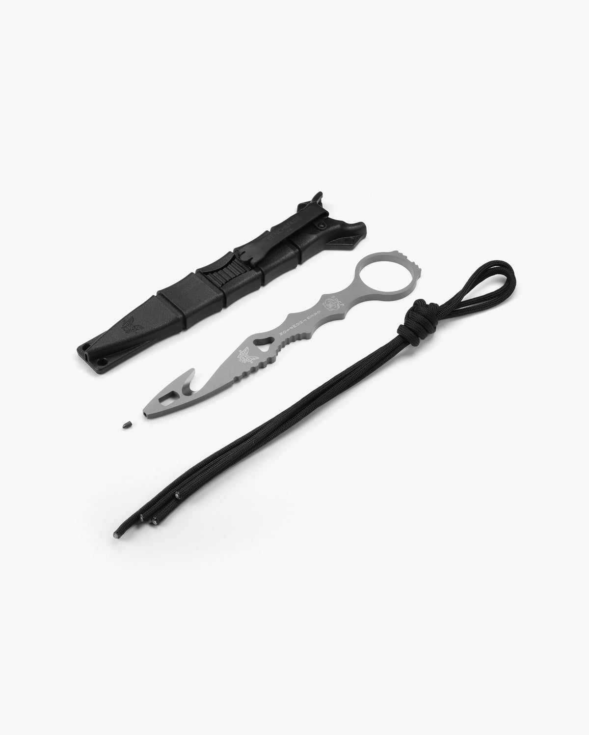 SOCP® Rescue Tool Gray exploded view with sheath and lanyard | Benchmade Knife Co.