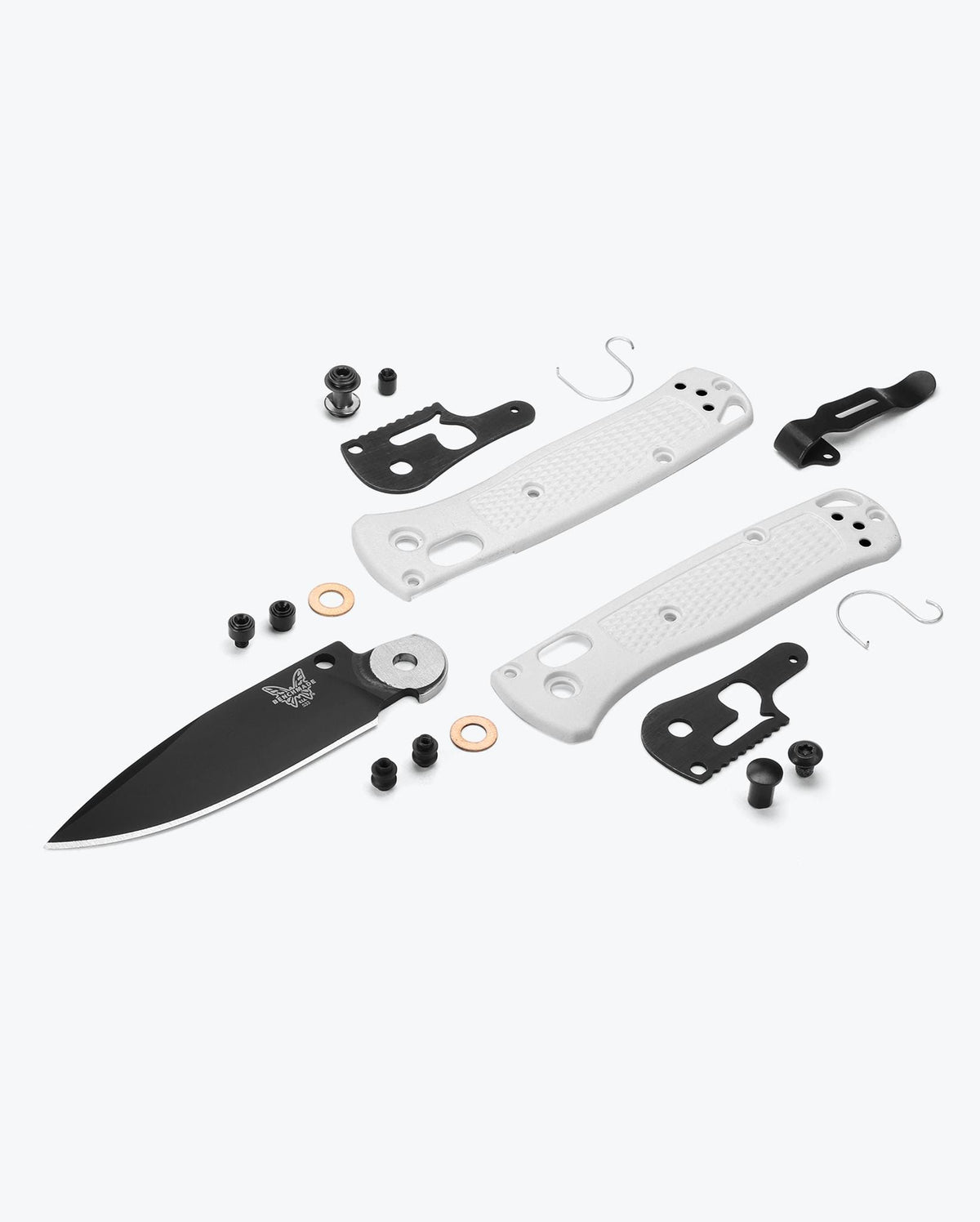 Mini Bugout® White Grivory® - Exploded Component Parts View | Benchmade Knife Co.