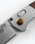 Mini Crooked River AXIS Lock Mechanism & Orange Thumb Stud Detail - Close Up | Benchmade Knife Co.