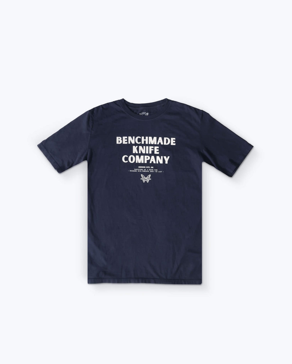 Navy BKC Basic Tee - Front View Flat Lay Showing Graphic | Benchmade Knife Co.