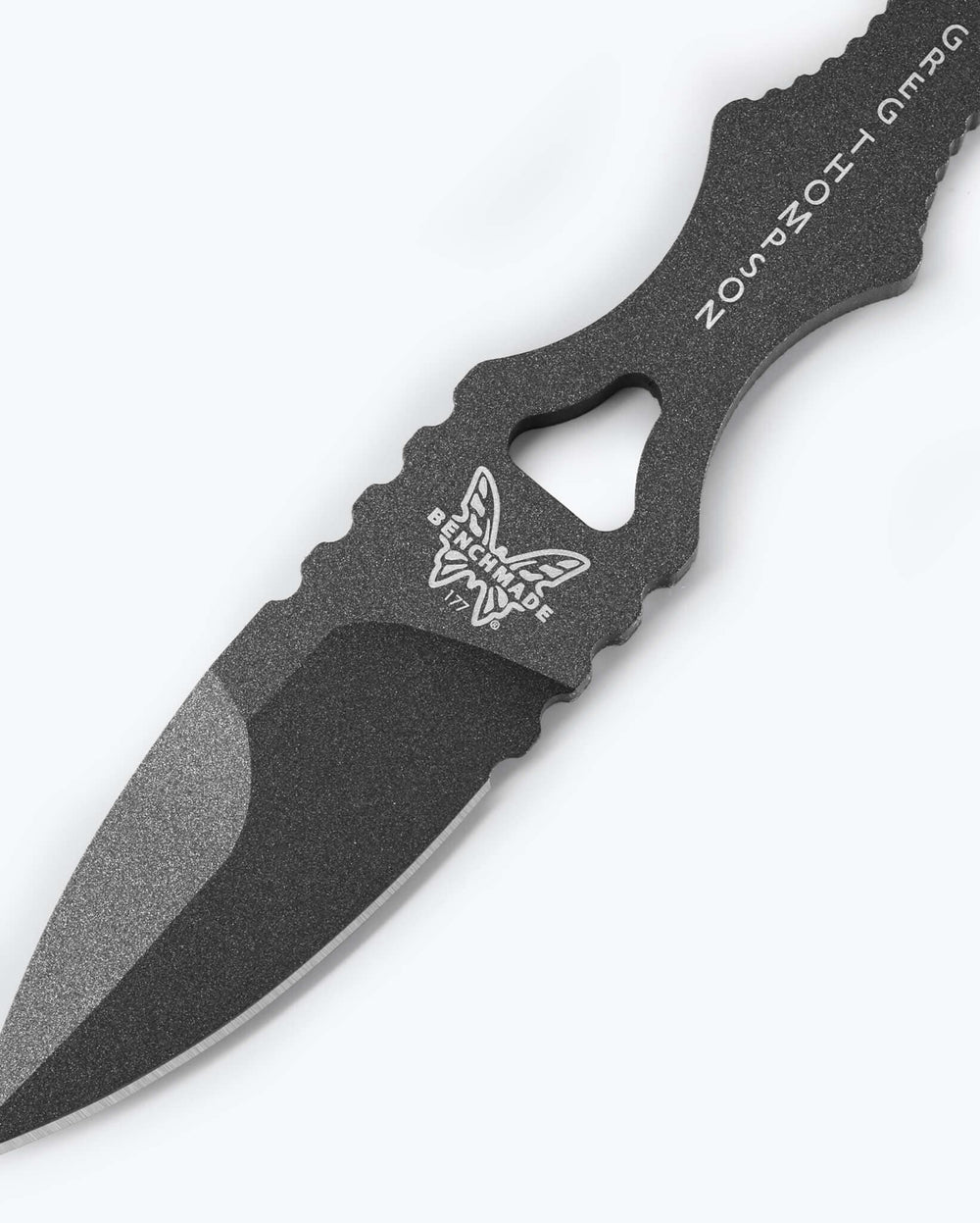 Tungsten Gray Mini SOCP® Dagger - Close-up Detail with Butterfly Logo | Benchmade Knife Co.