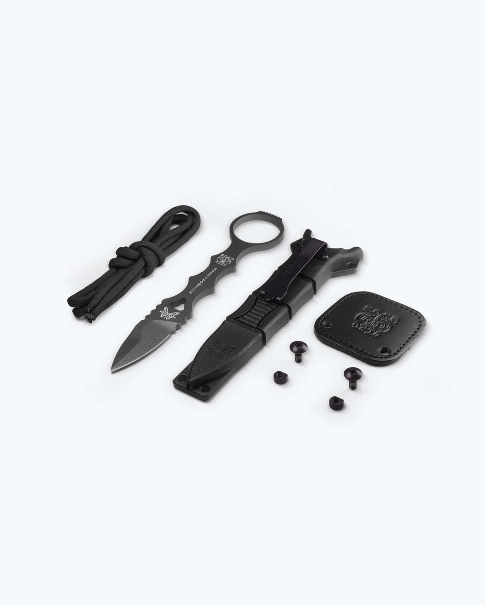Mini SOCP® Complete Kit - Dagger, Sheath, Paracord & Hardware Flat Lay | Benchmade Knife Co.