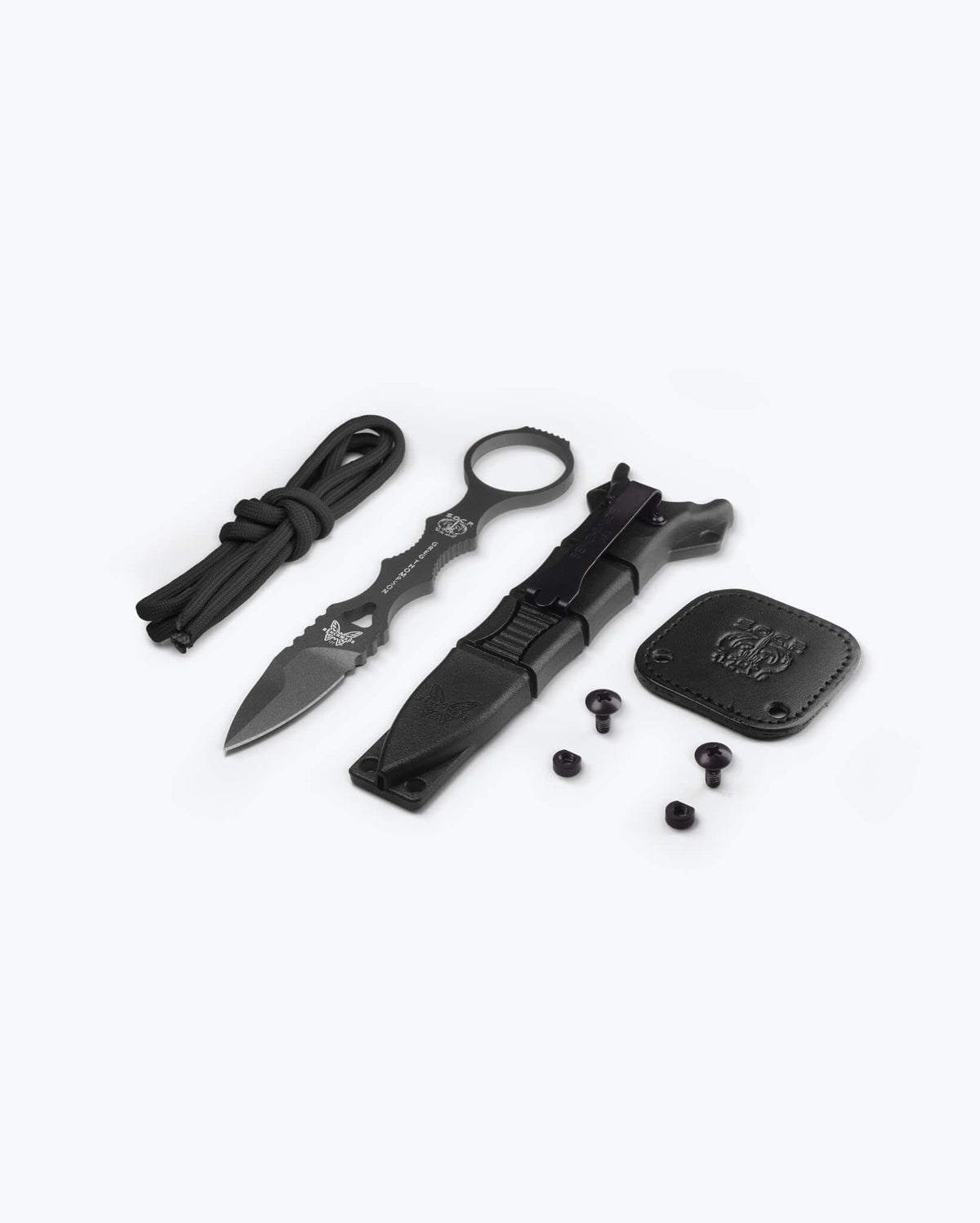 Mini SOCP® Complete Kit - Dagger, Sheath, Paracord & Hardware Flat Lay | Benchmade Knife Co.