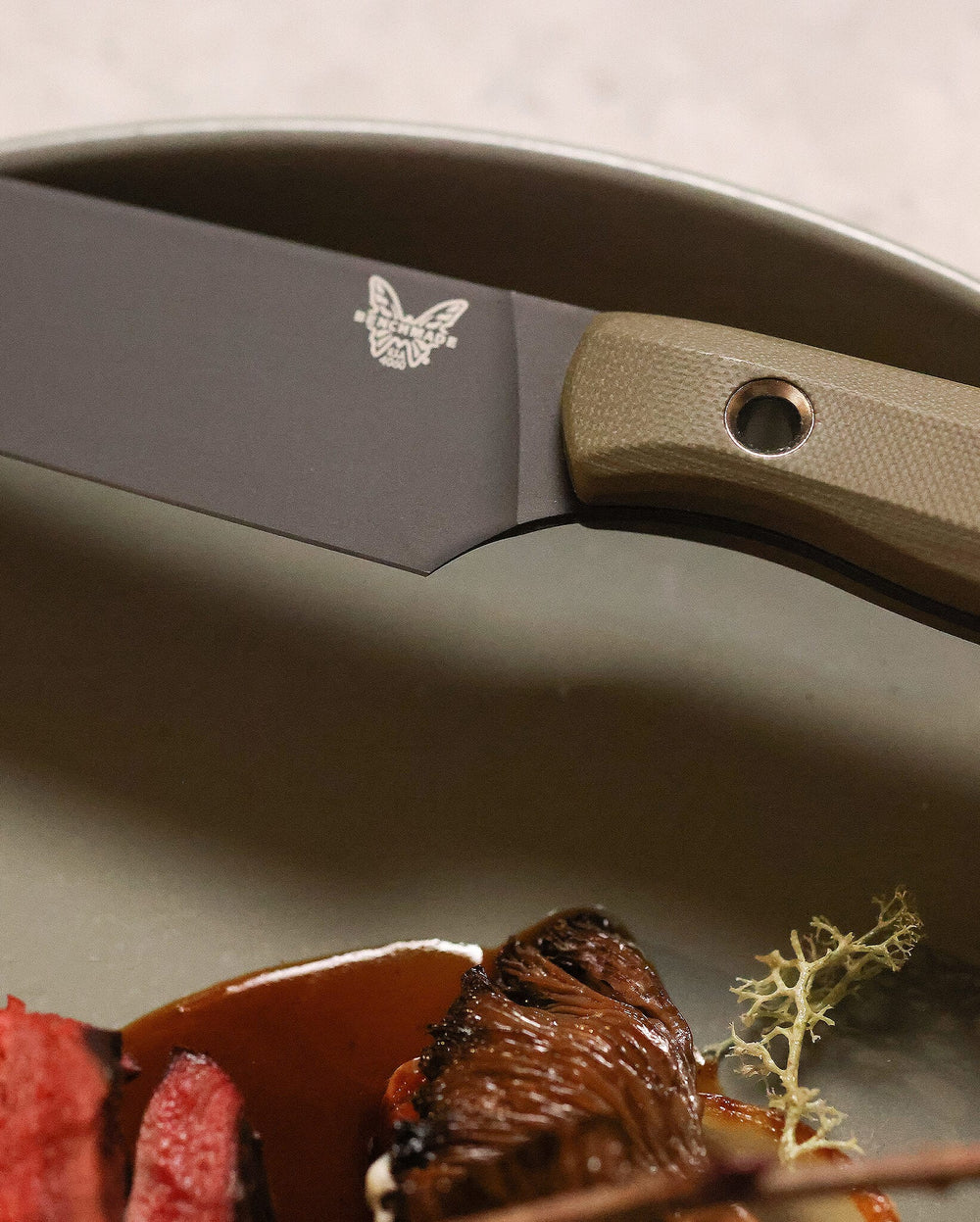 Custom Single Table Knife - Close Up Detail on Plate | Benchmade Knife Co.