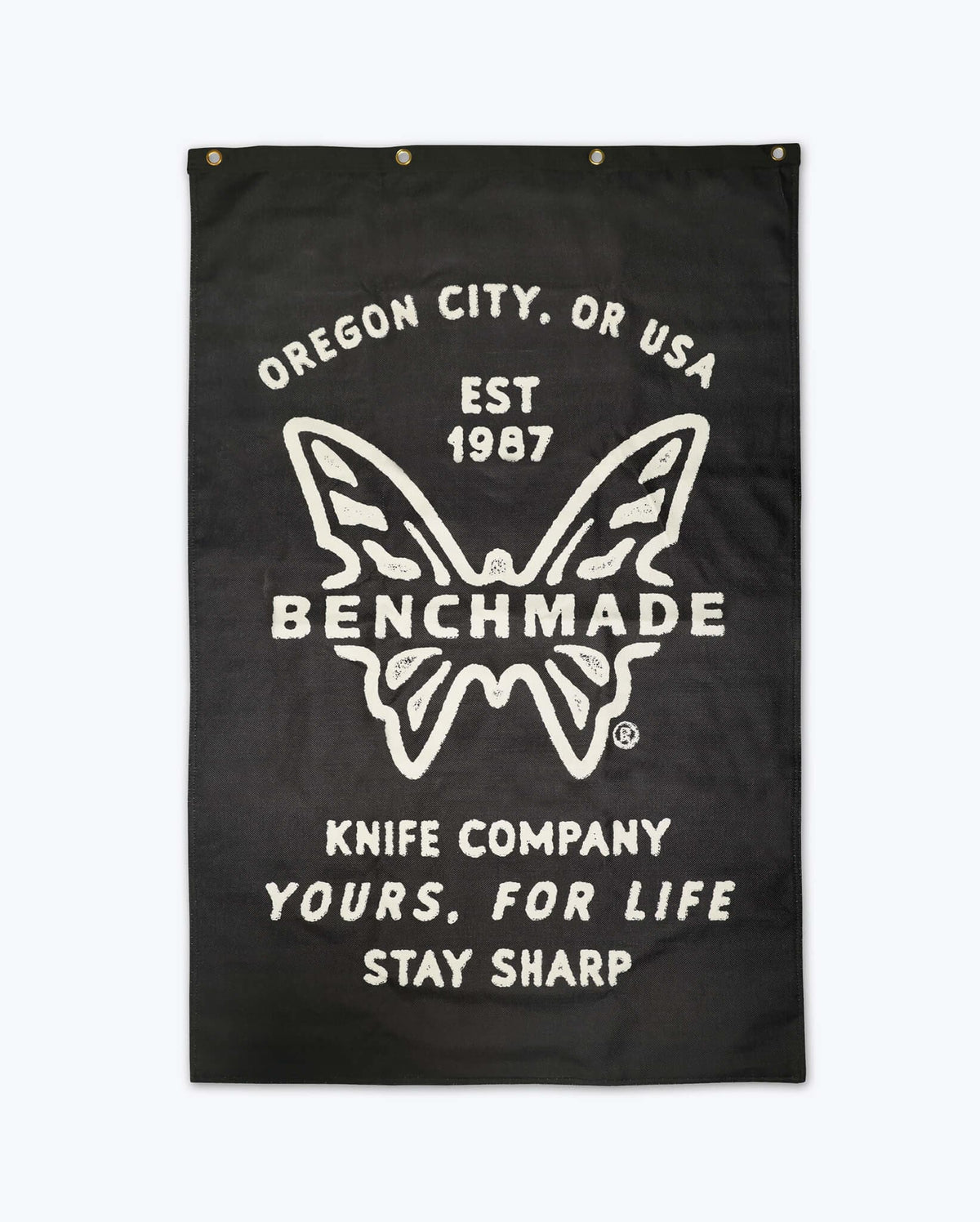 Benchmade Logo Garage Banner - Full design front view with brass eyelets | Benchmade Knife Co.
