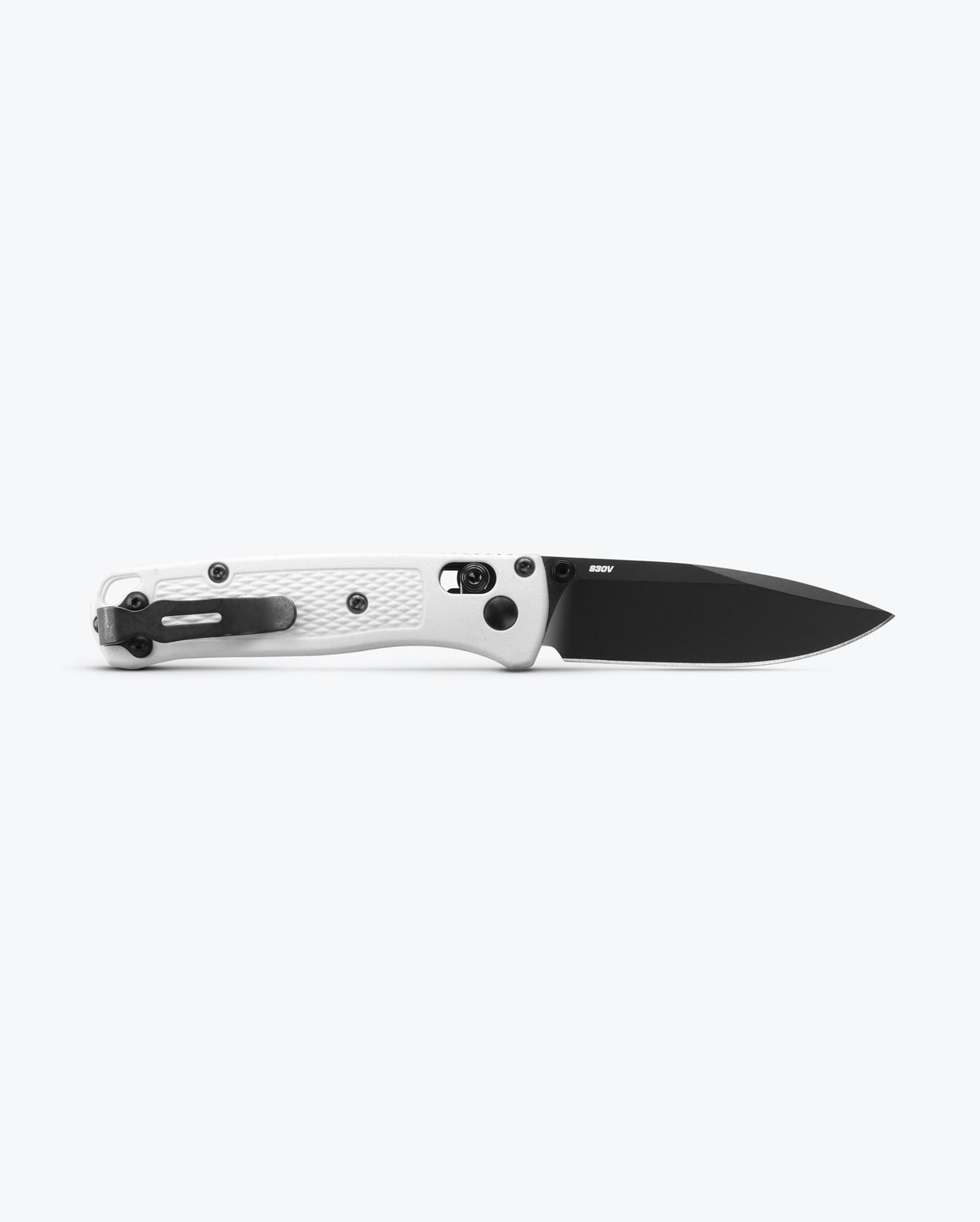 Mini Bugout® White Grivory® - Back View Open Position AXIS Lock | Benchmade Knife Co.