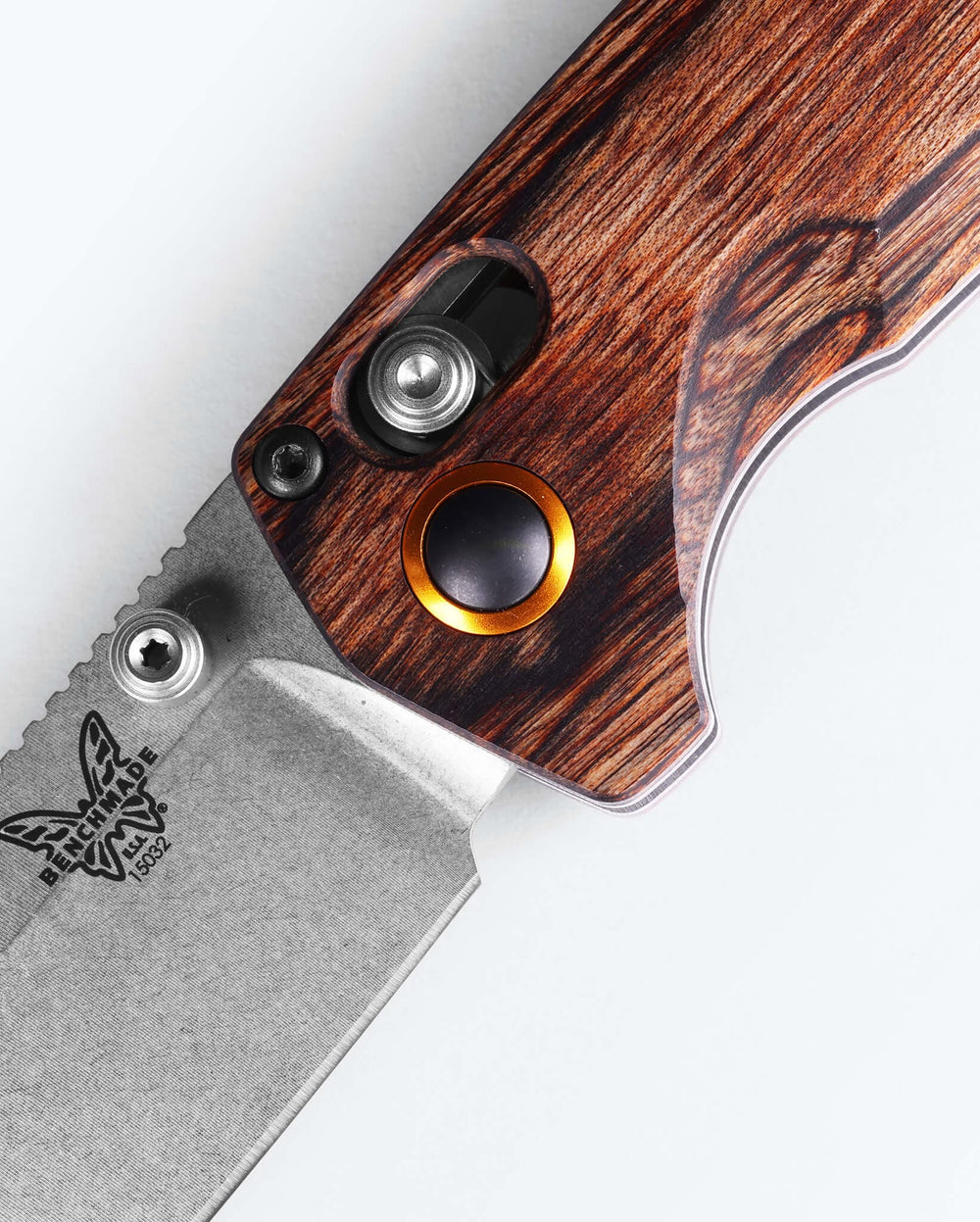 Benchmade North Fork Wood Handle Detail - AXIS Lock Mechanism Close-up | Benchmade Knife Co.